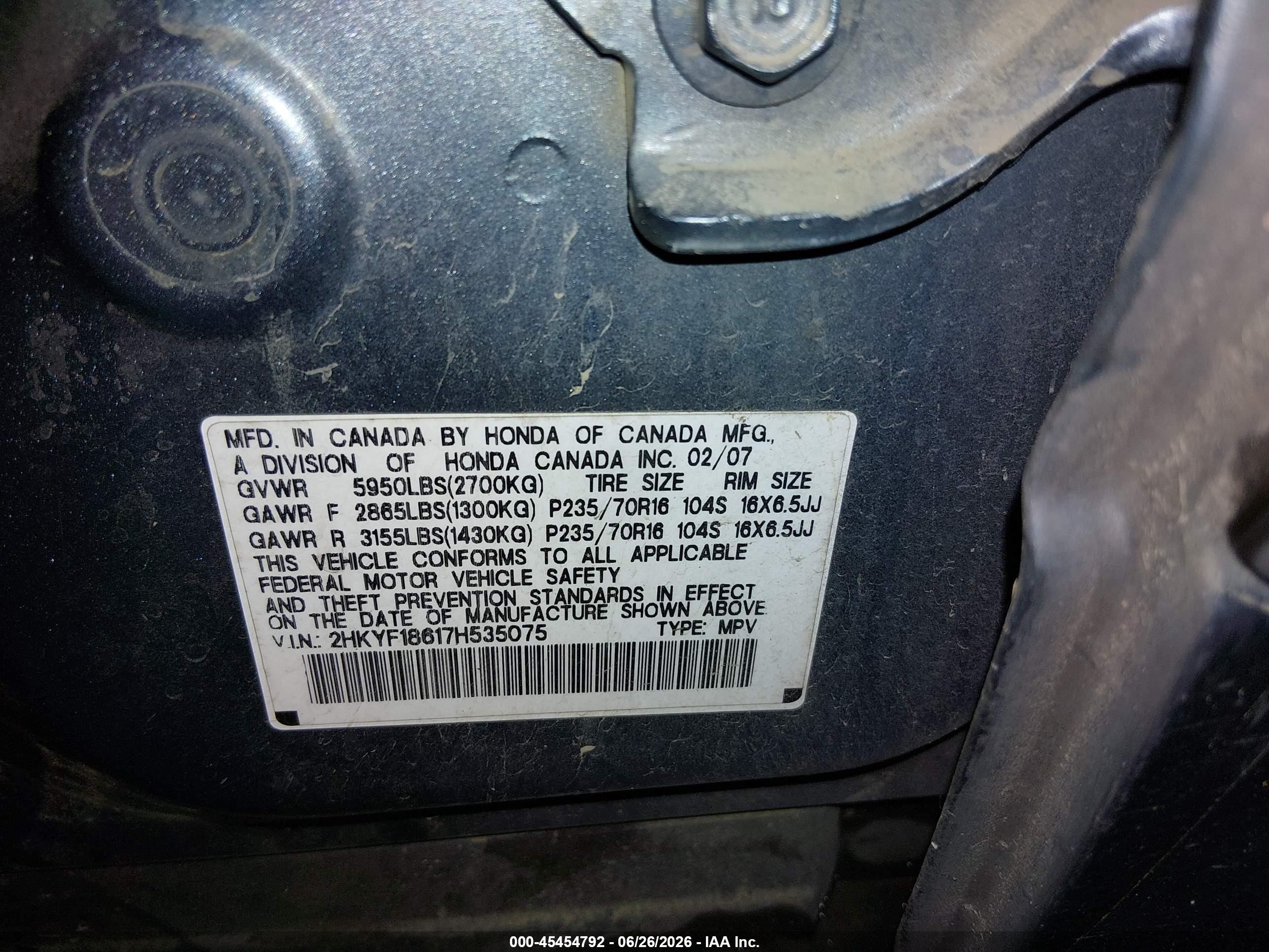 2007 Honda Pilot Ex-l Blue vin: 2HKYF18617H535075