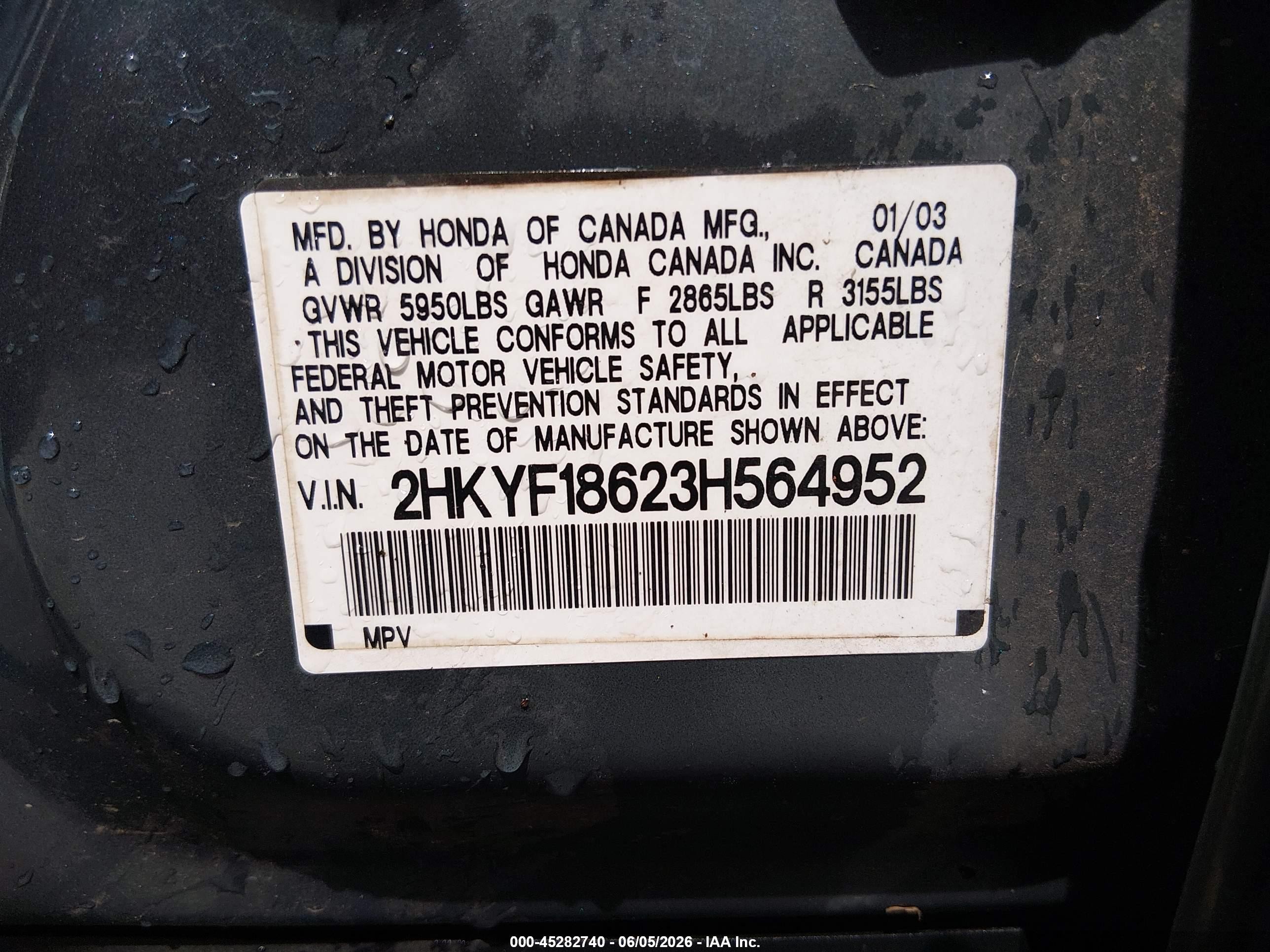 2003 Honda Pilot Ex-l Gray vin: 2HKYF18623H564952