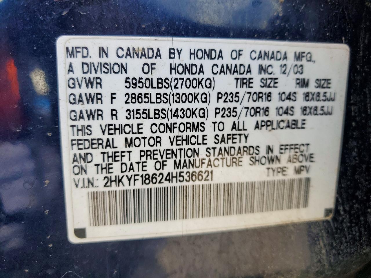 2004 Honda Pilot Blue vin: 2HKYF18624H536621