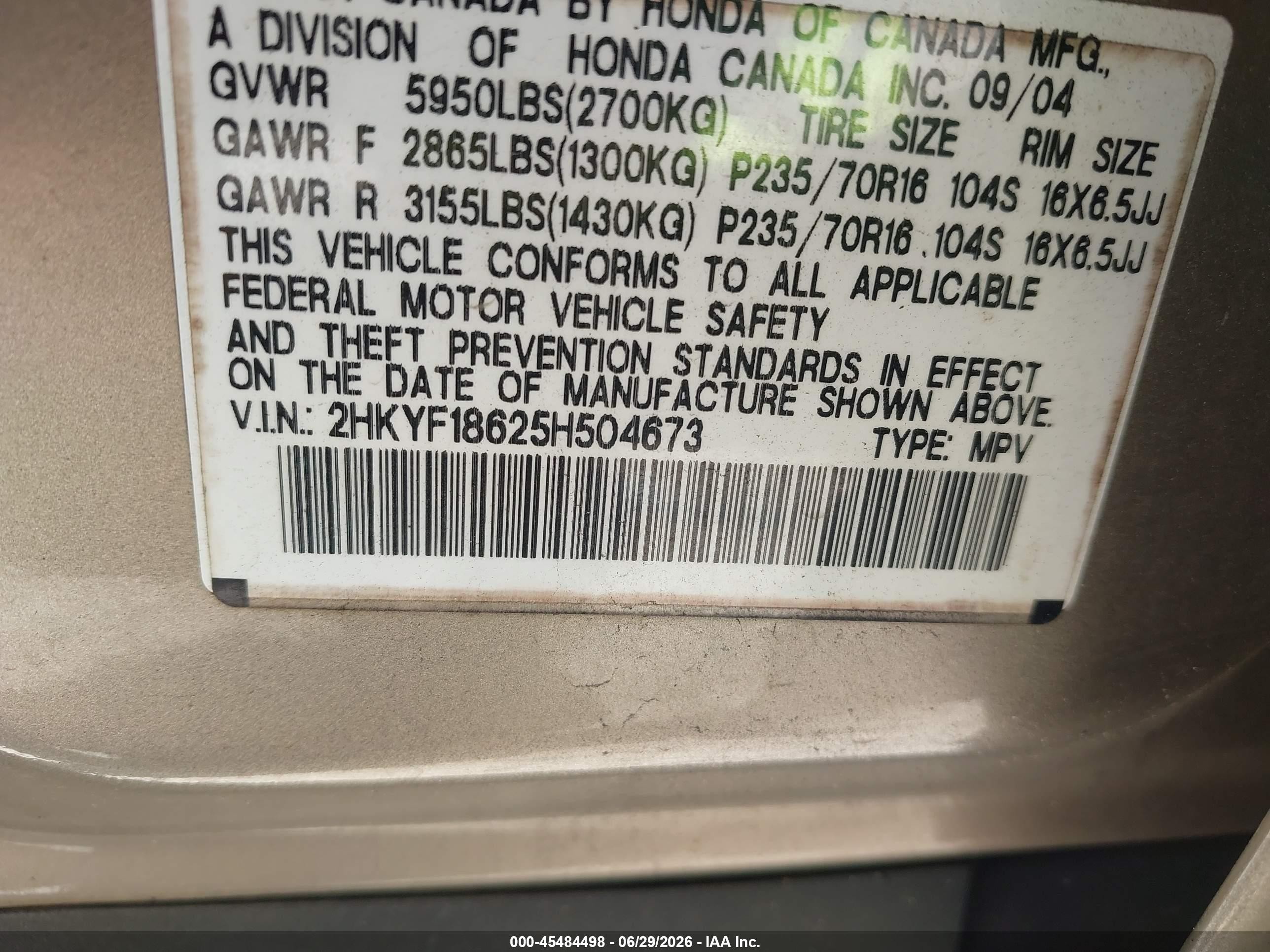 2005 Honda Pilot Ex-l Gold vin: 2HKYF18625H504673