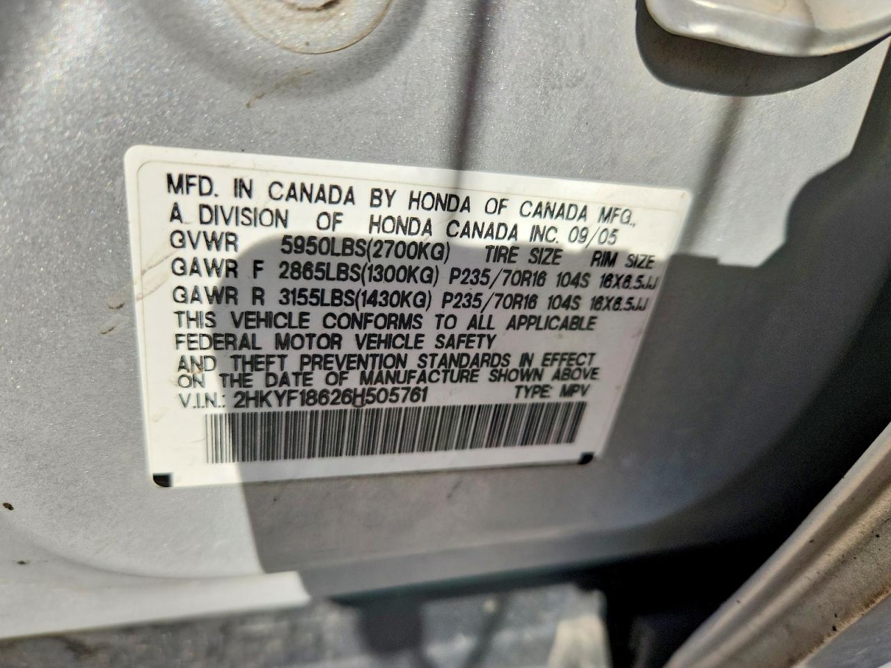 2006 Honda Pilot Ex Silver vin: 2HKYF18626H505761