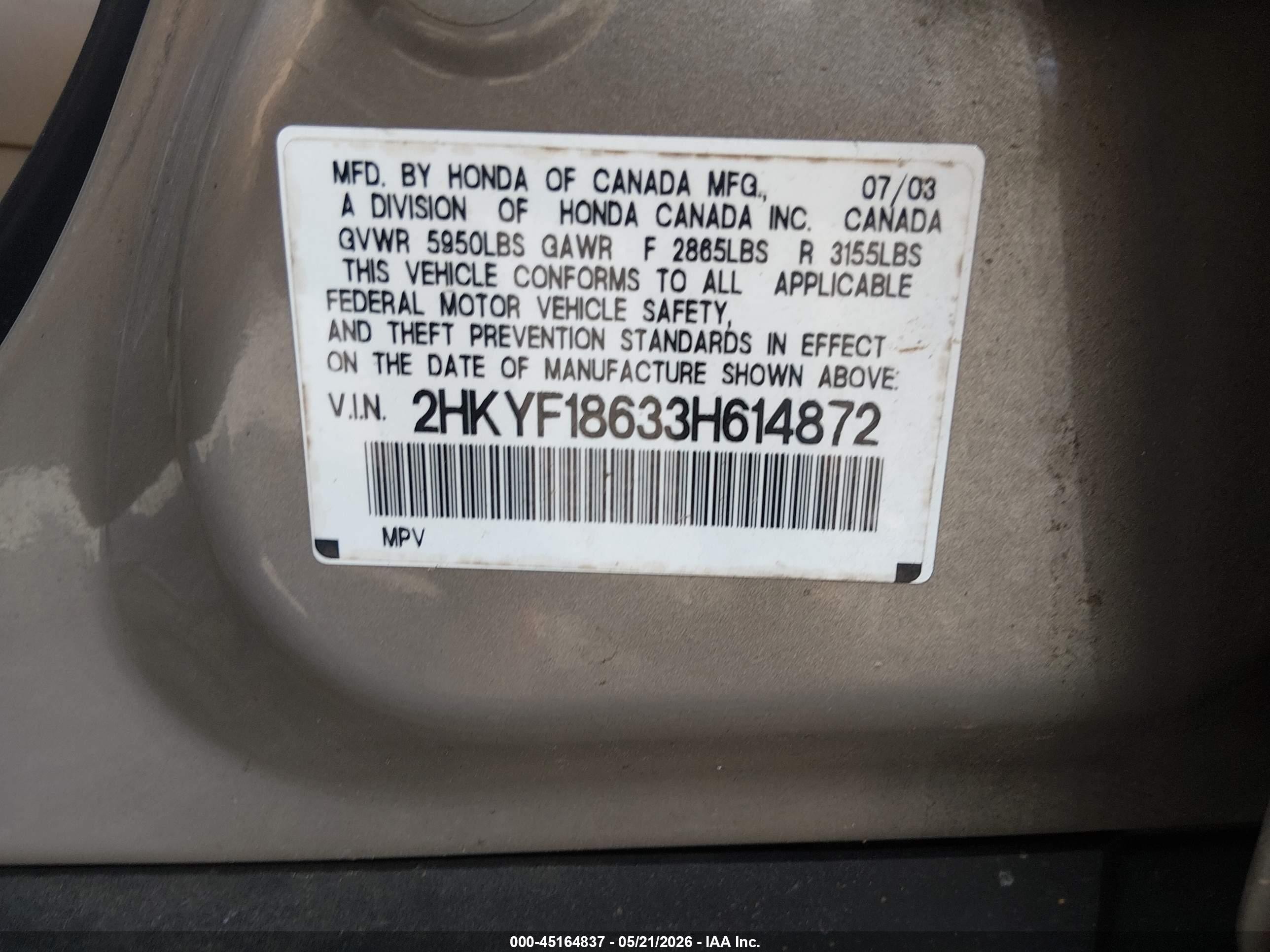 2003 Honda Pilot Ex-l Gold vin: 2HKYF18633H614872