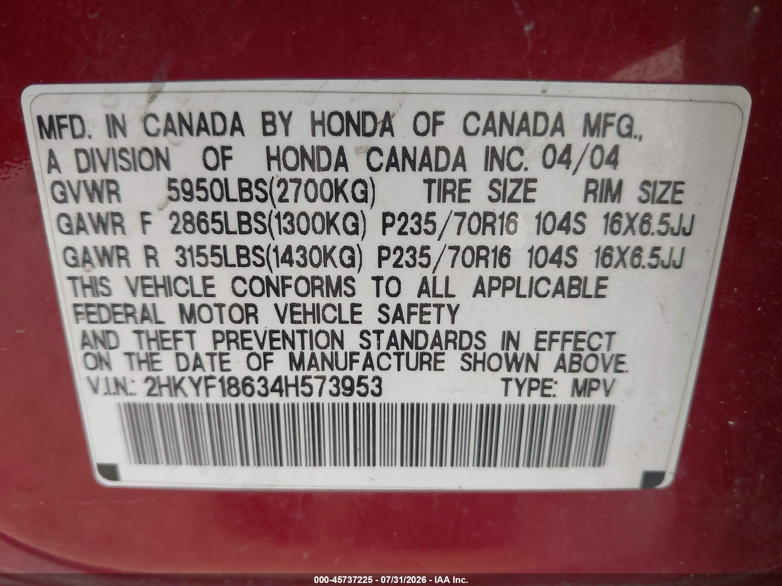 2004 Honda Pilot Ex-l Red vin: 2HKYF18634H573953