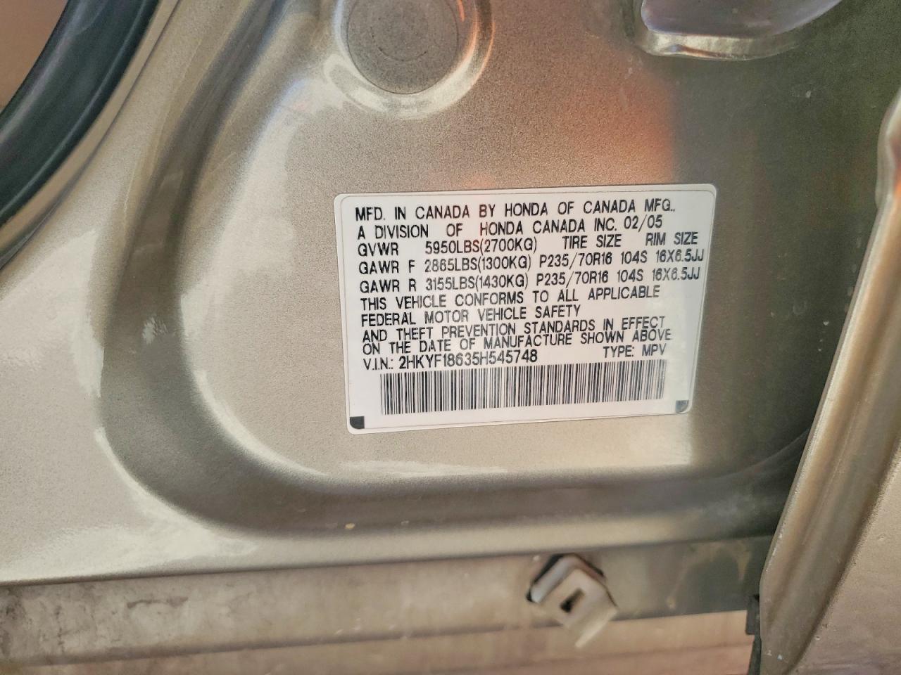 2005 Honda Pilot Exl Brown vin: 2HKYF18635H545748