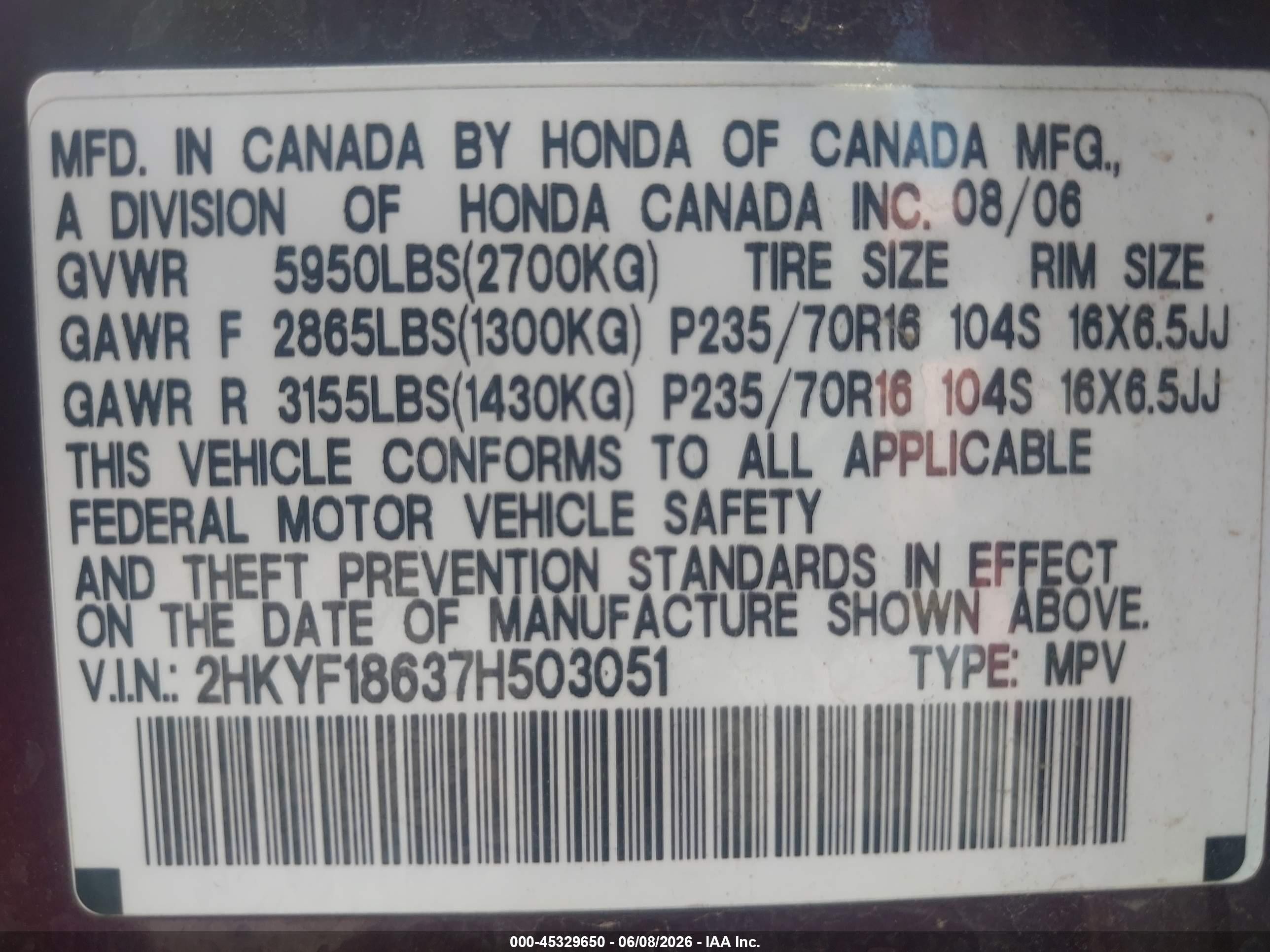 2007 Honda Pilot Ex-l Purple vin: 2HKYF18637H503051