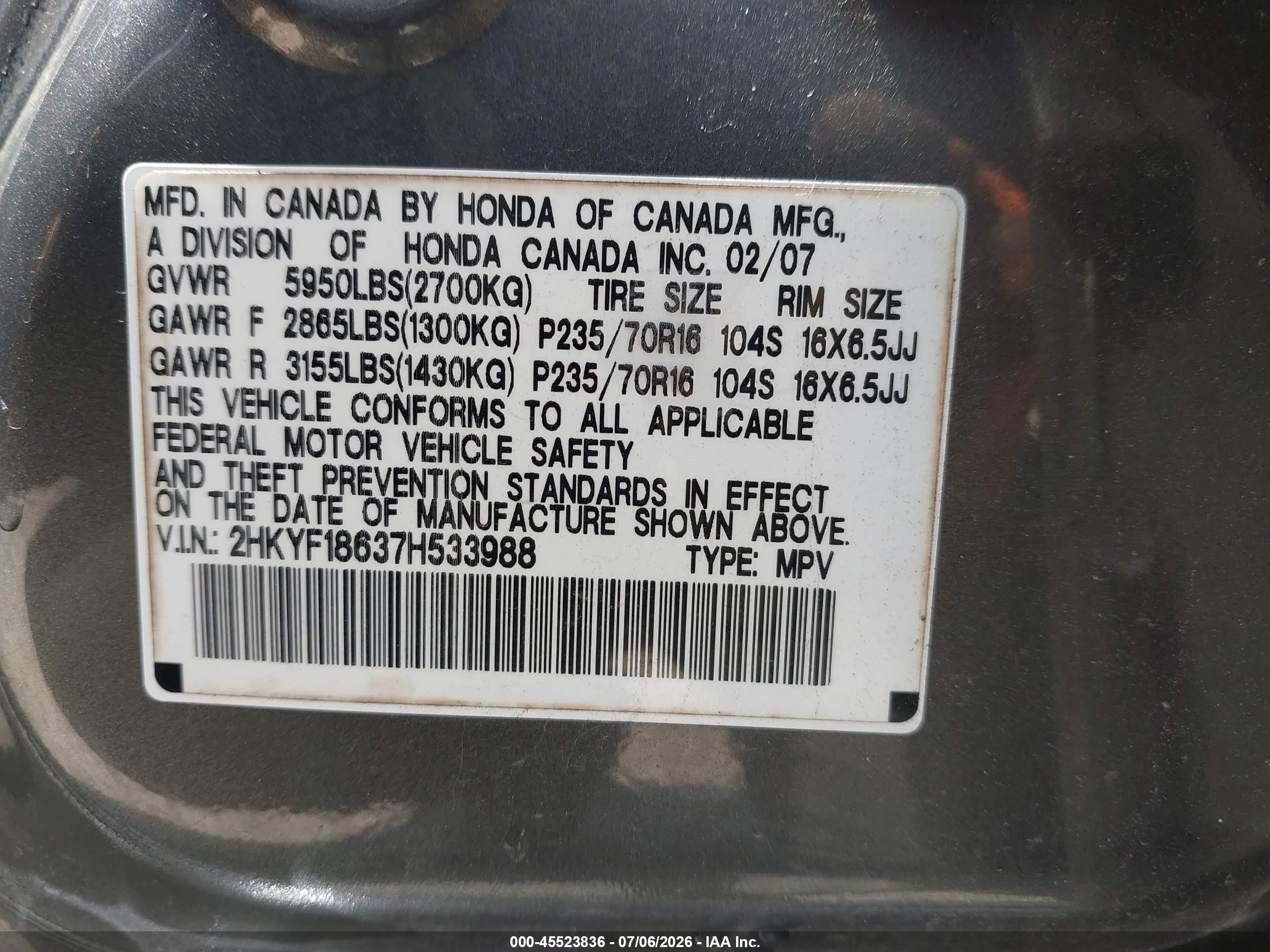 2007 Honda Pilot Ex-l Gray vin: 2HKYF18637H533988
