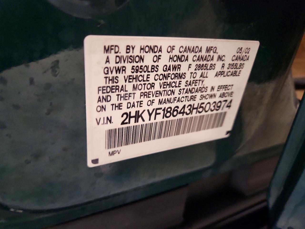 2003 Honda Pilot Exl Green vin: 2HKYF18643H503974