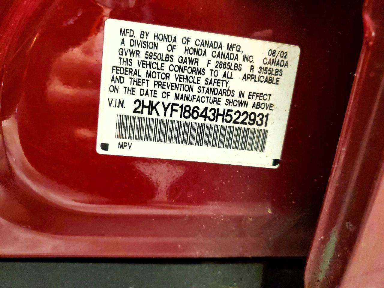 2003 Honda Pilot Exl Red vin: 2HKYF18643H522931