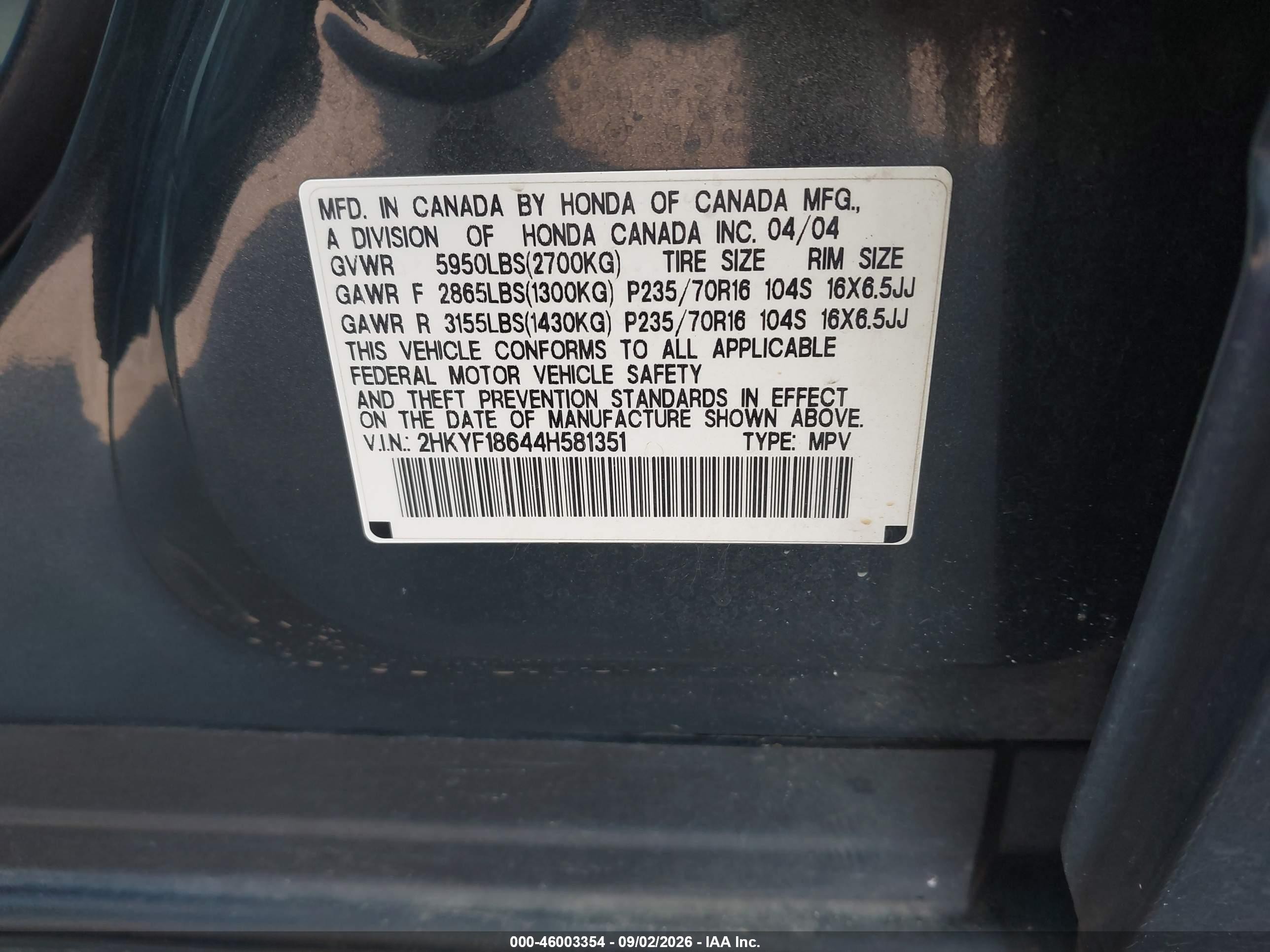 2004 Honda Pilot Ex-l Blue vin: 2HKYF18644H581351