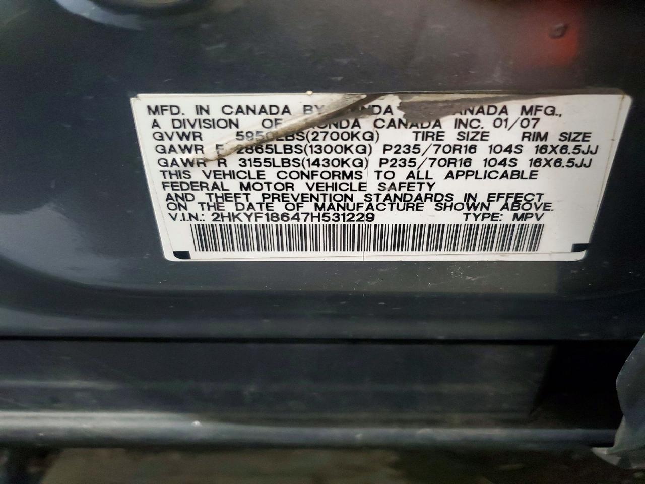 2007 Honda Pilot Exl Gray vin: 2HKYF18647H531229