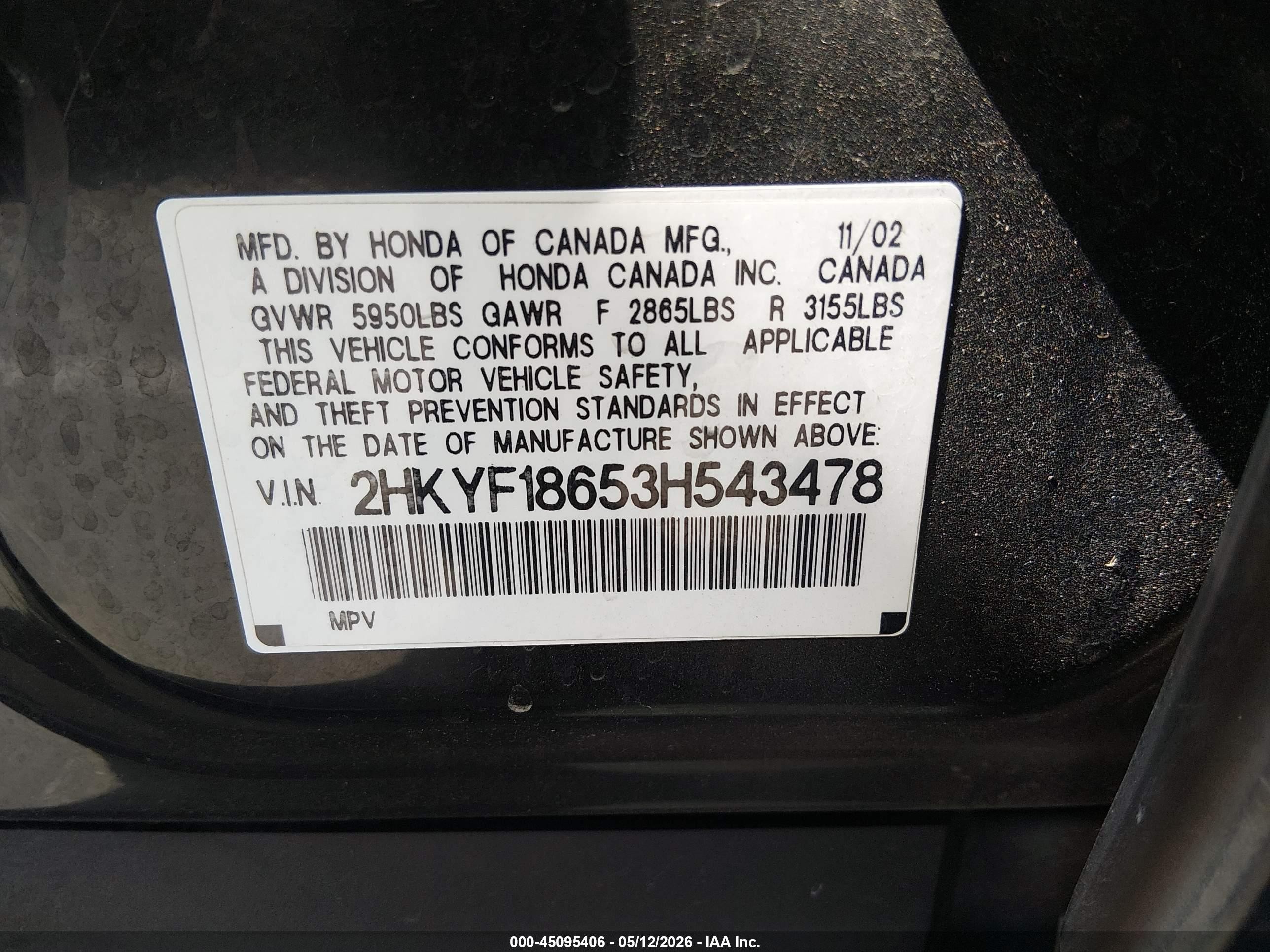 2003 Honda Pilot Ex-l Black vin: 2HKYF18653H543478