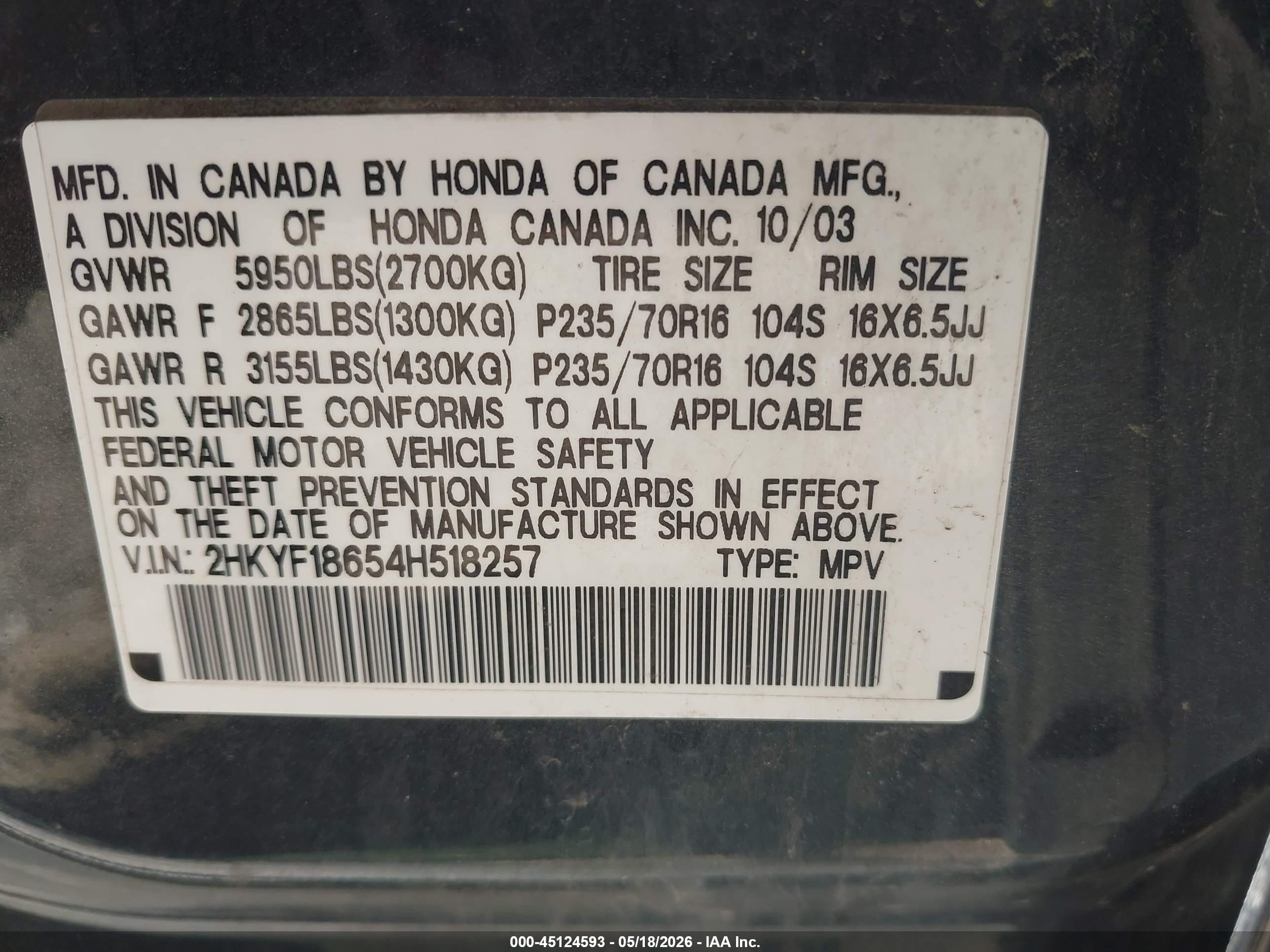 2004 Honda Pilot Ex-l Gray vin: 2HKYF18654H518257