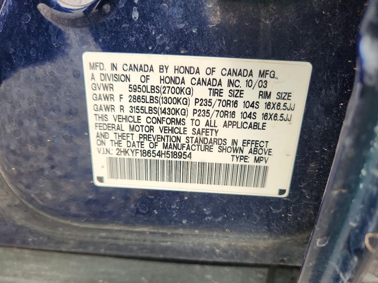 2004 Honda Pilot Exl Blue vin: 2HKYF18654H518954