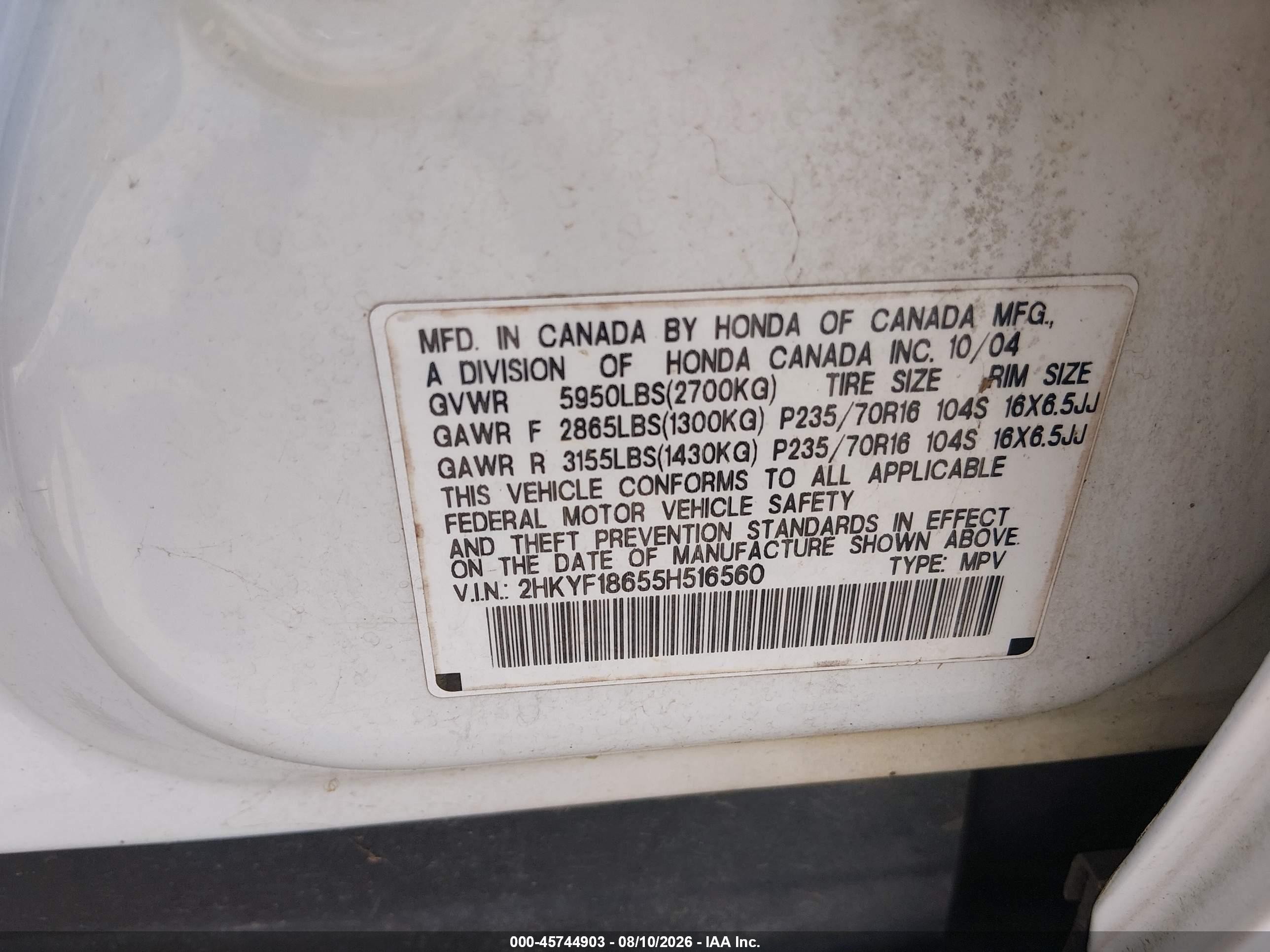 2005 Honda Pilot Ex-l White vin: 2HKYF18655H516560