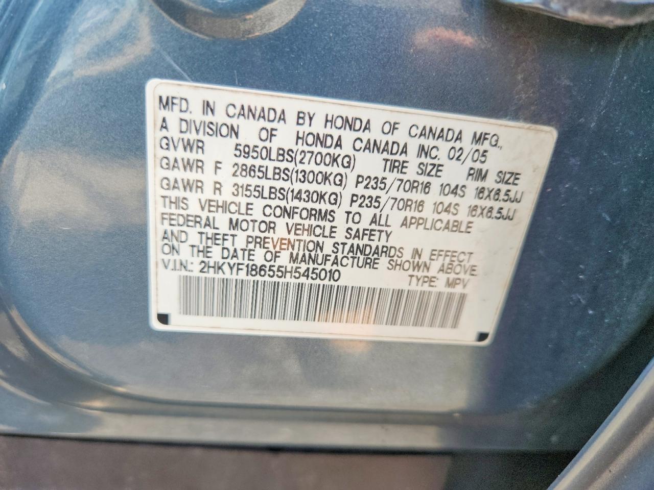 2005 Honda Pilot Exl Синий vin: 2HKYF18655H545010