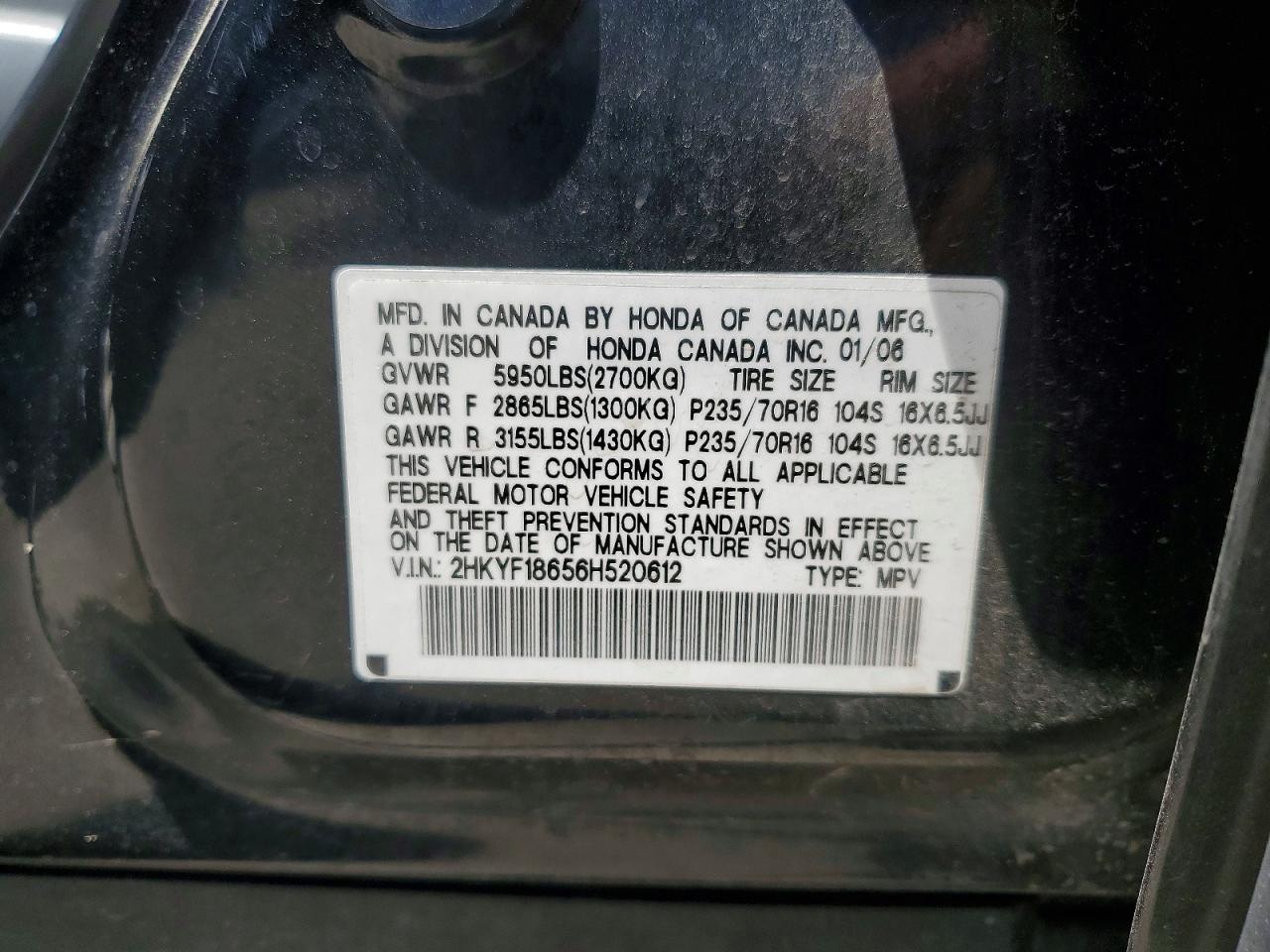 2006 Honda Pilot Ex Black vin: 2HKYF18656H520612