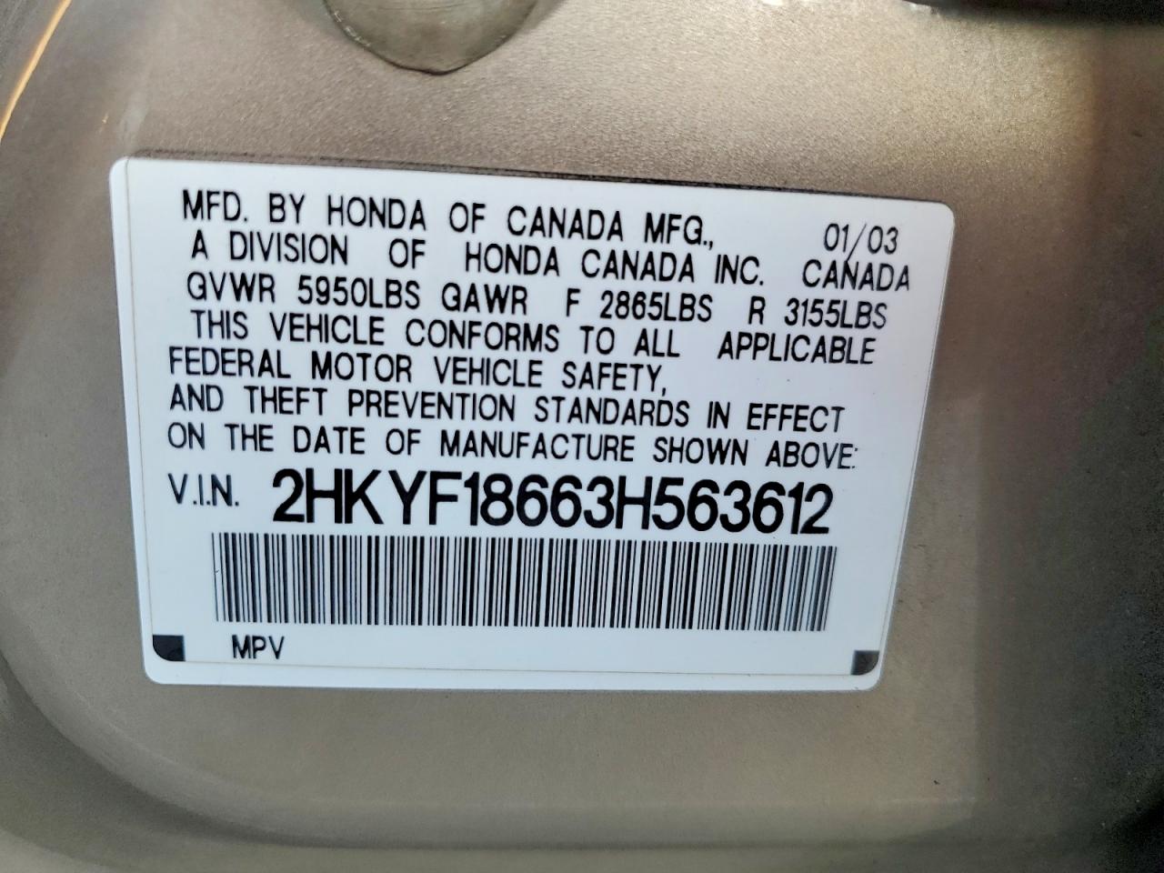 2003 Honda Pilot Exl Tan vin: 2HKYF18663H563612