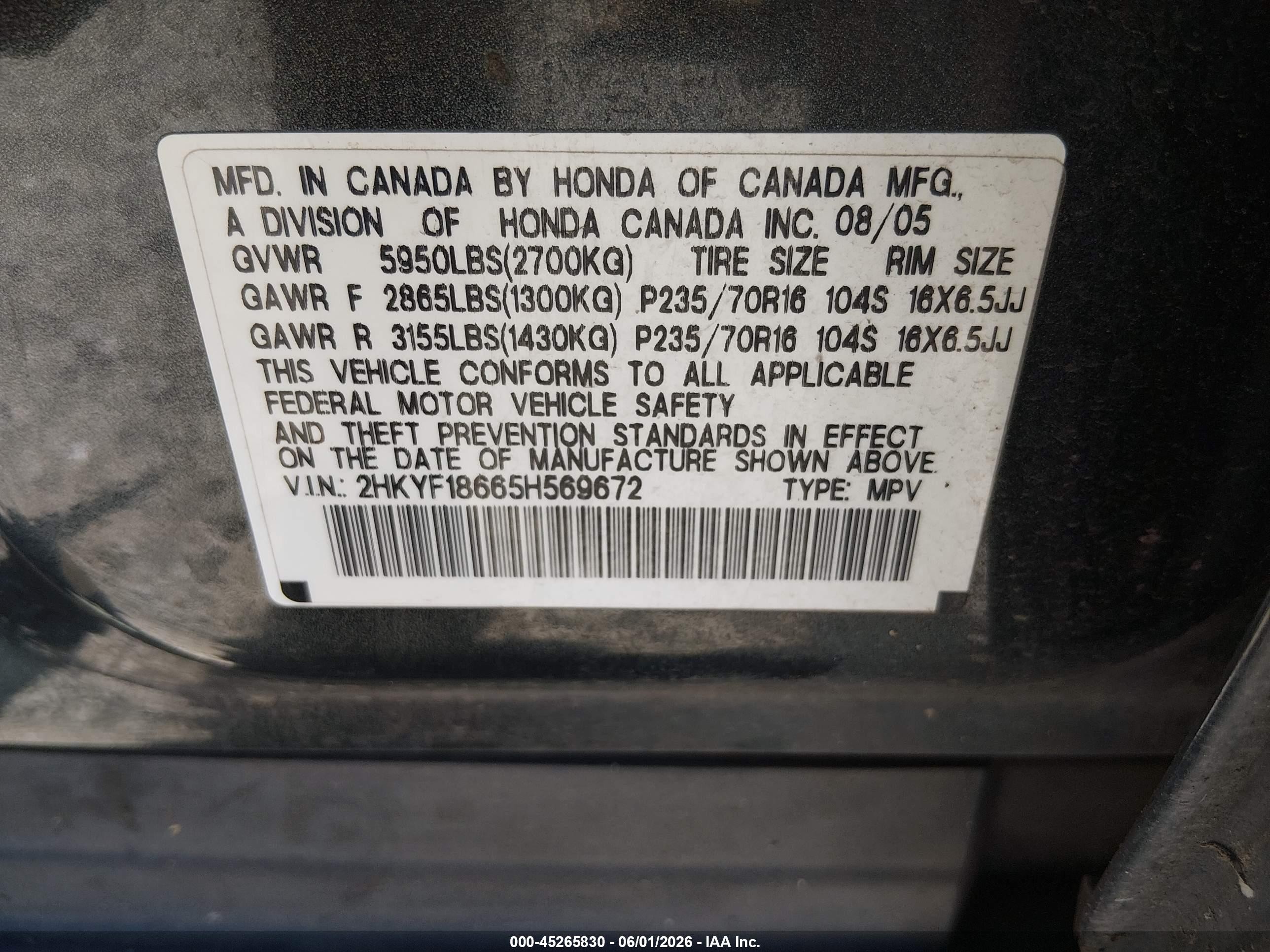 2005 Honda Pilot Ex-l Gray vin: 2HKYF18665H569672