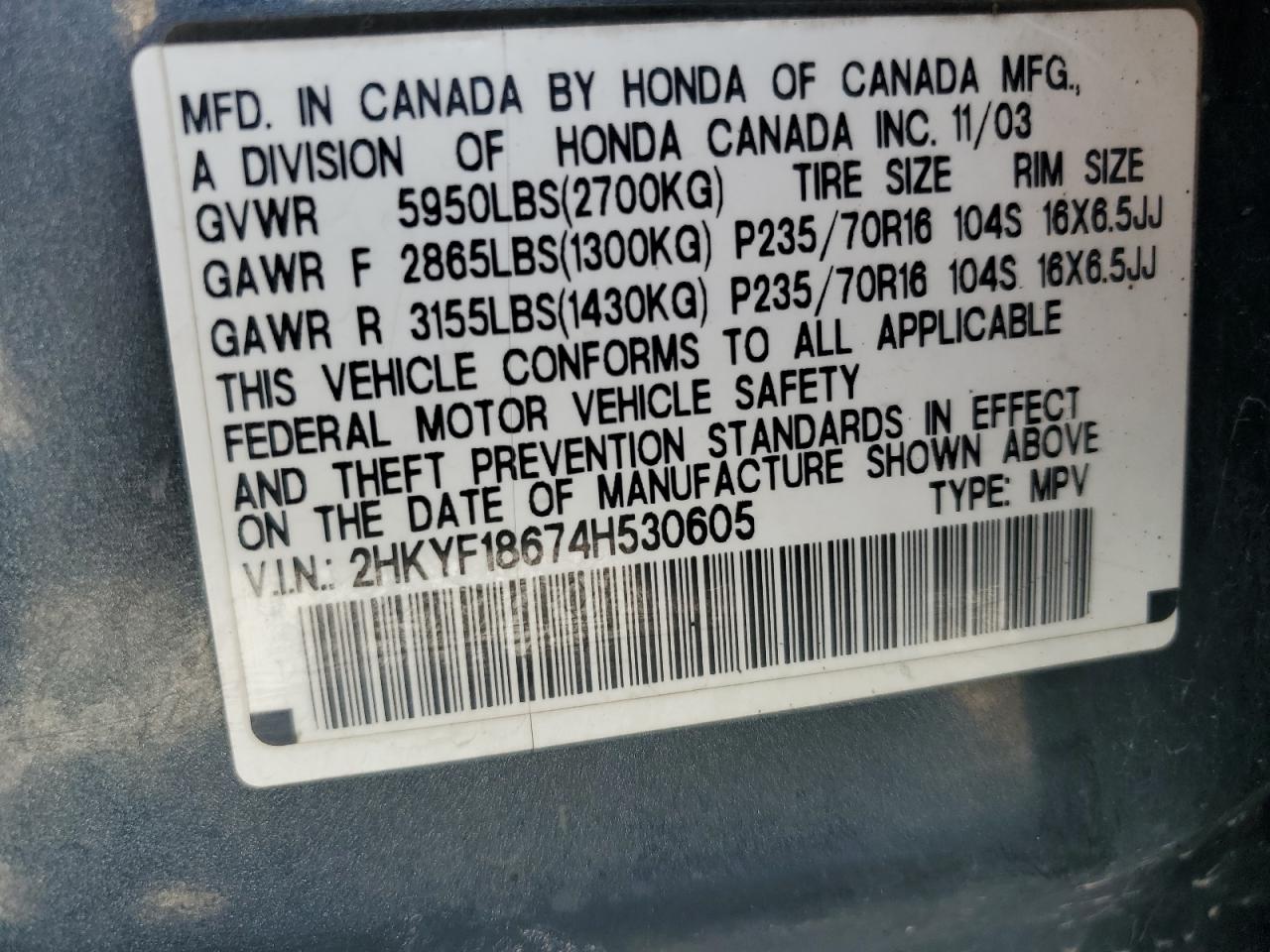 2004 Honda Pilot Exl Синий vin: 2HKYF18674H530605