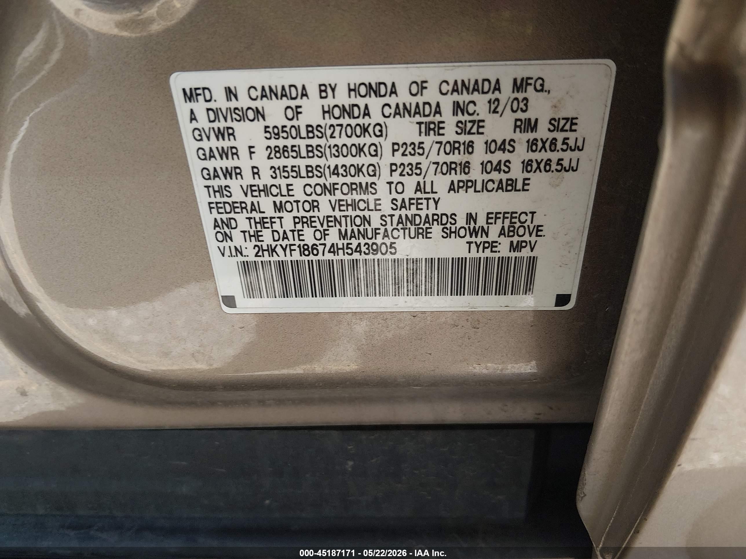 2004 Honda Pilot Ex-l Gold vin: 2HKYF18674H543905