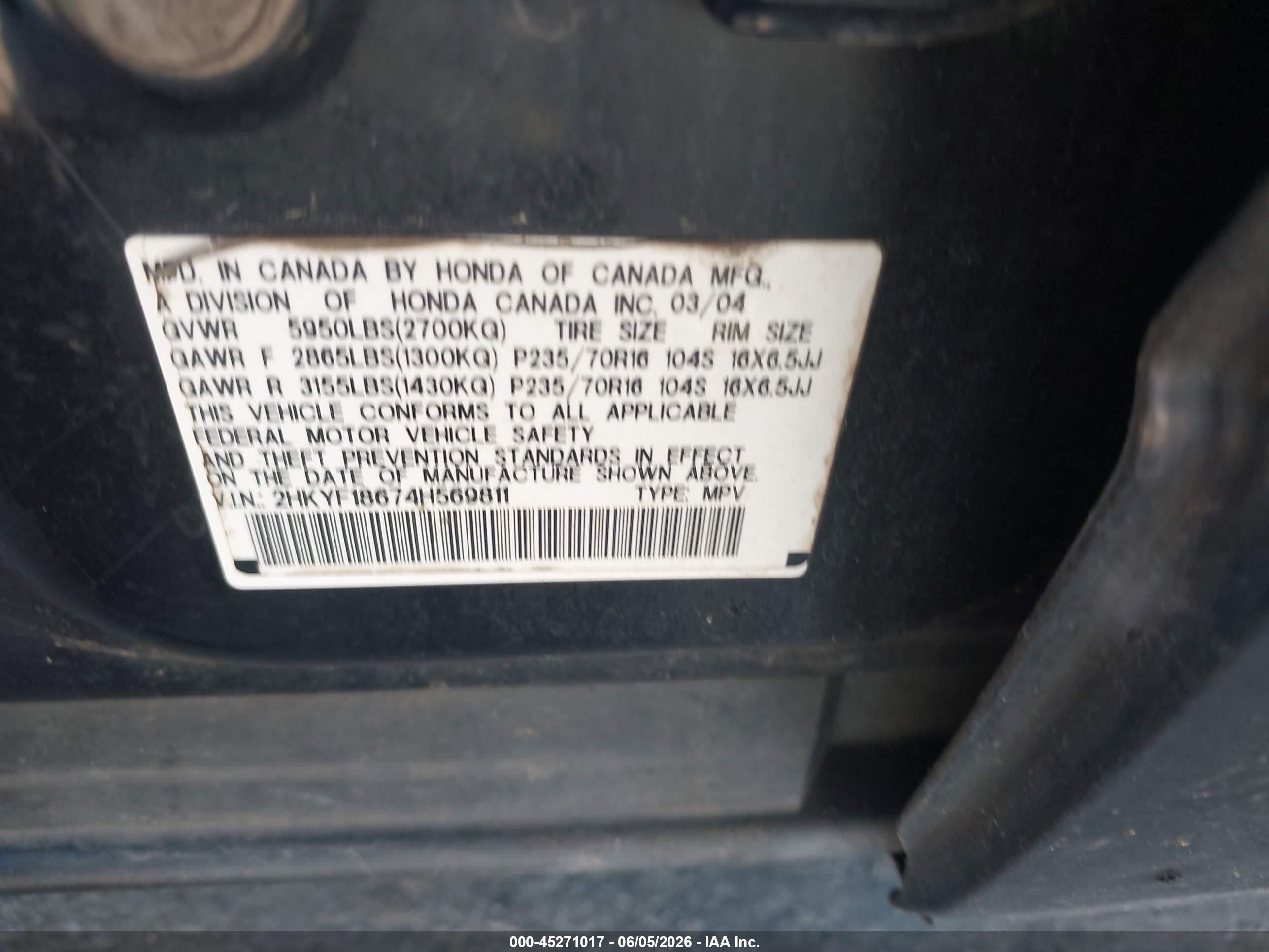 2004 Honda Pilot Ex-l Black vin: 2HKYF18674H569811