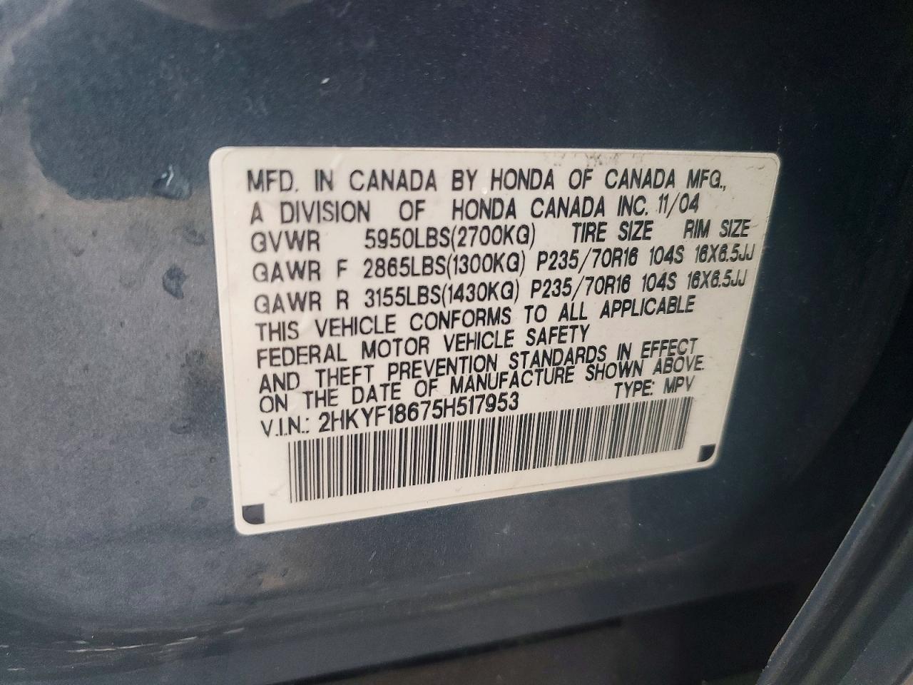 2005 Honda Pilot Exl Blue vin: 2HKYF18675H517953