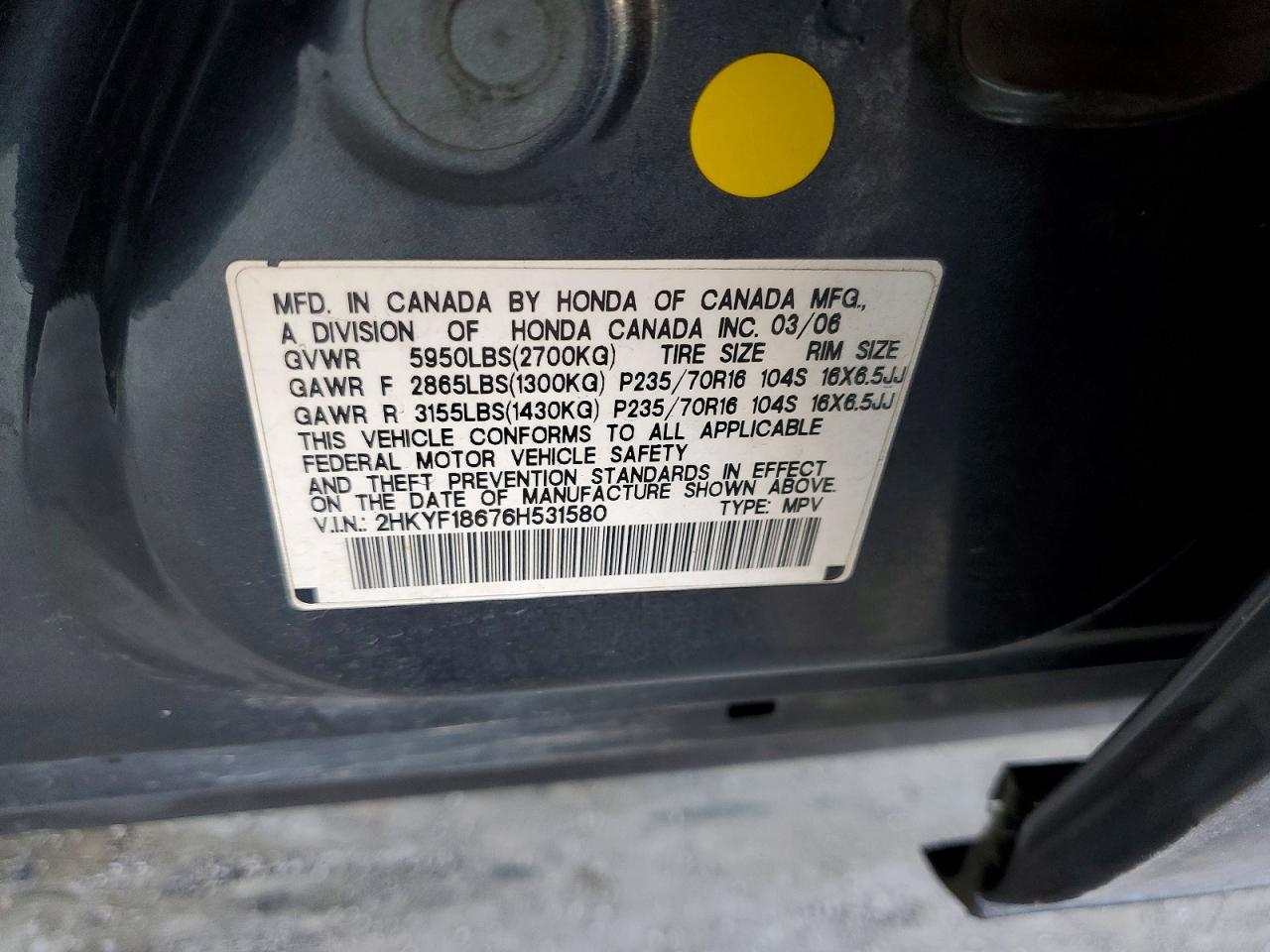 2006 Honda Pilot Ex Gray vin: 2HKYF18676H531580