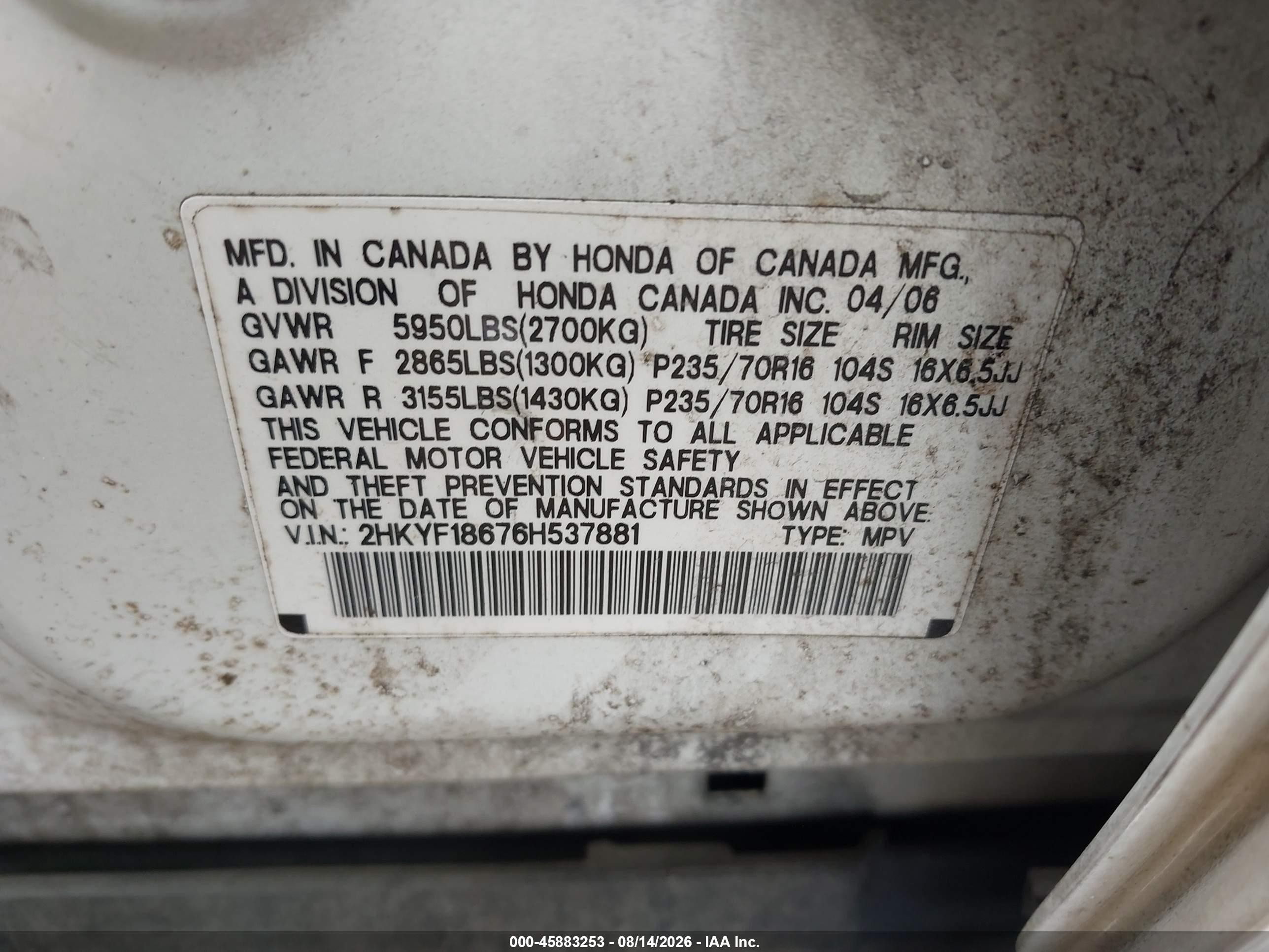 2006 Honda Pilot Ex-l White vin: 2HKYF18676H537881