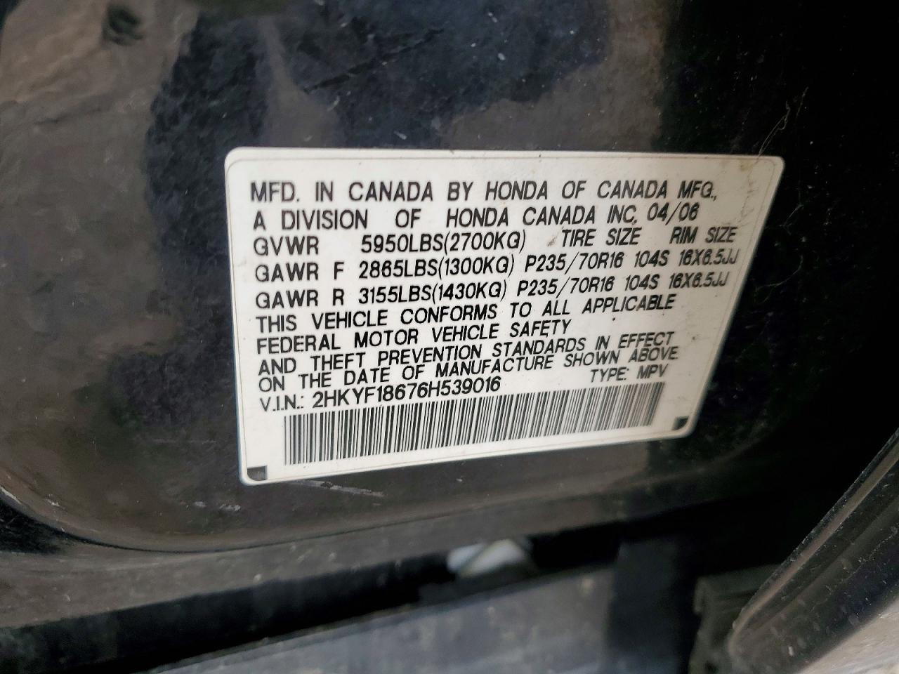 2006 Honda Pilot Ex Black vin: 2HKYF18676H539016