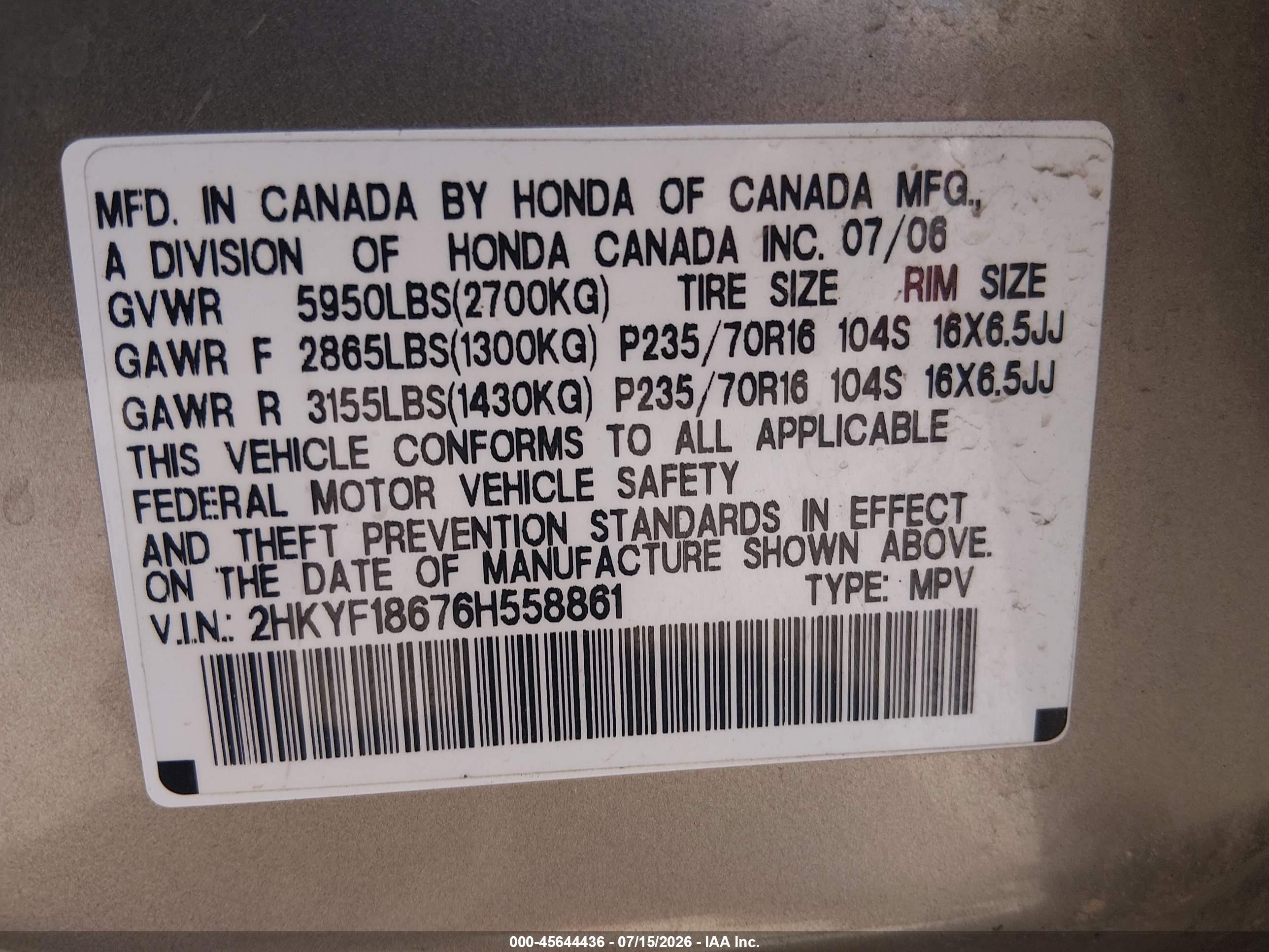 2006 Honda Pilot Ex-l Tan vin: 2HKYF18676H558861