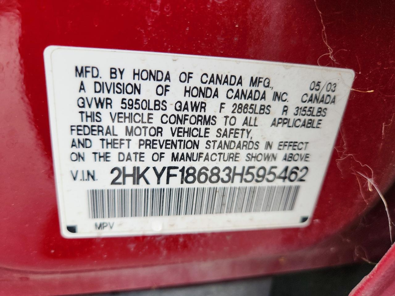 2003 Honda Pilot Exl Red vin: 2HKYF18683H595462