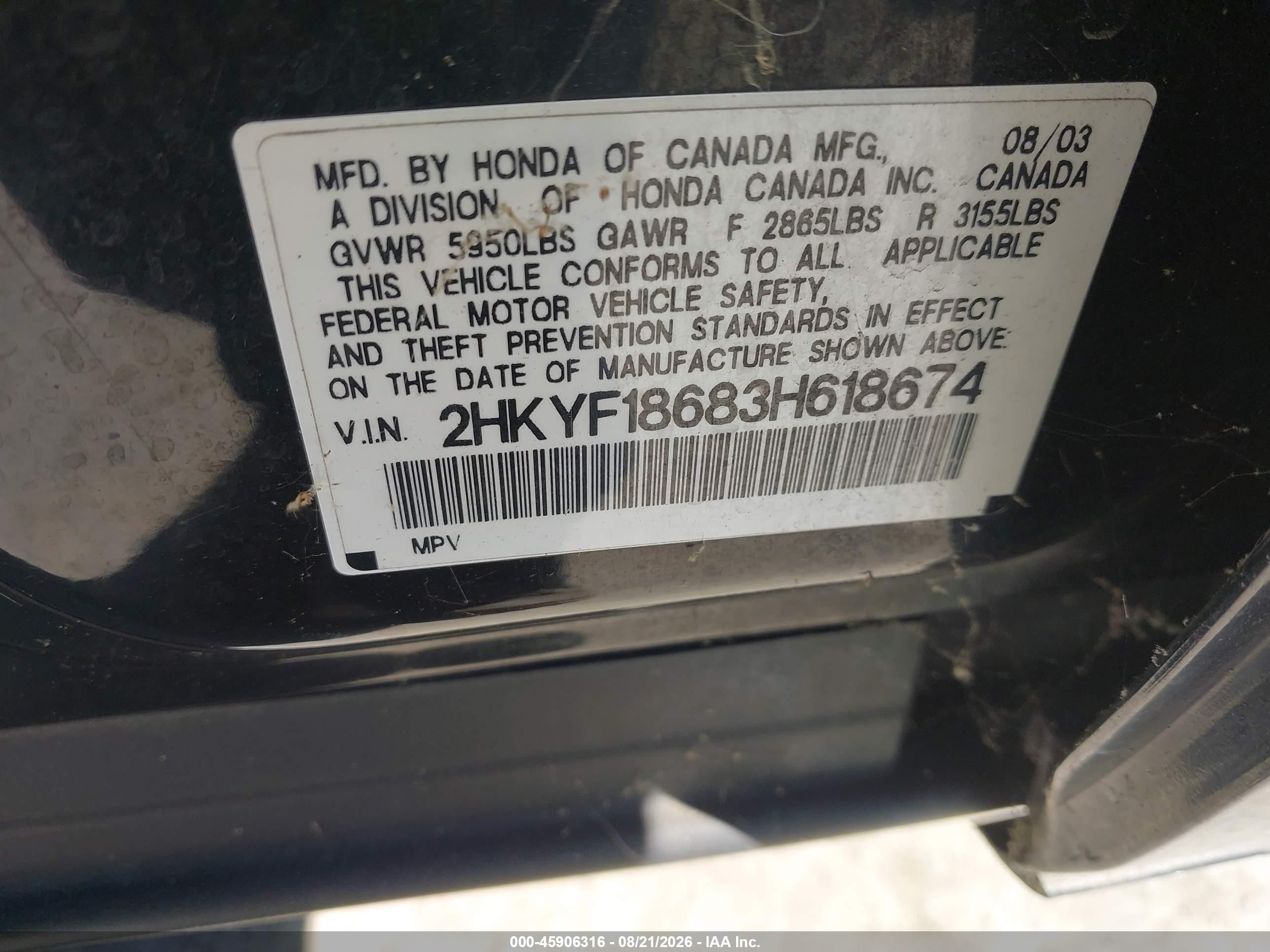 2003 Honda Pilot Exl Black vin: 2HKYF18683H618674