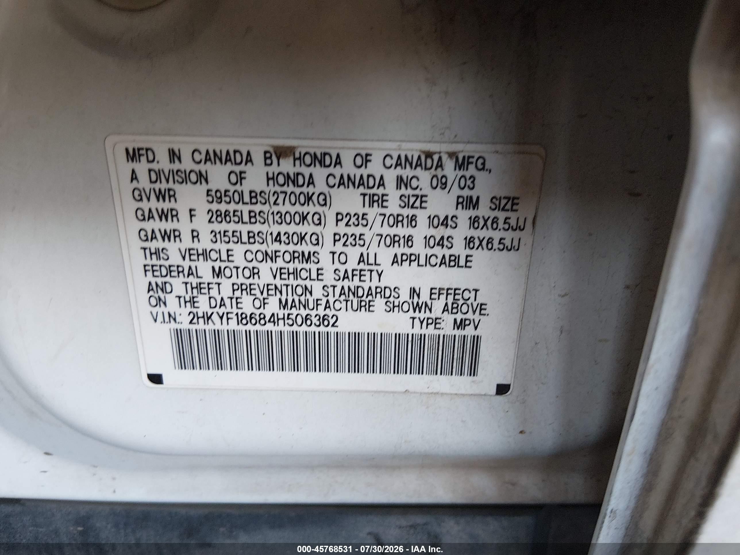2004 Honda Pilot Ex-l White vin: 2HKYF18684H506362