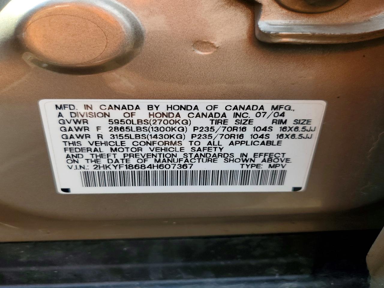 2004 Honda Pilot Exl Gold vin: 2HKYF18684H607367