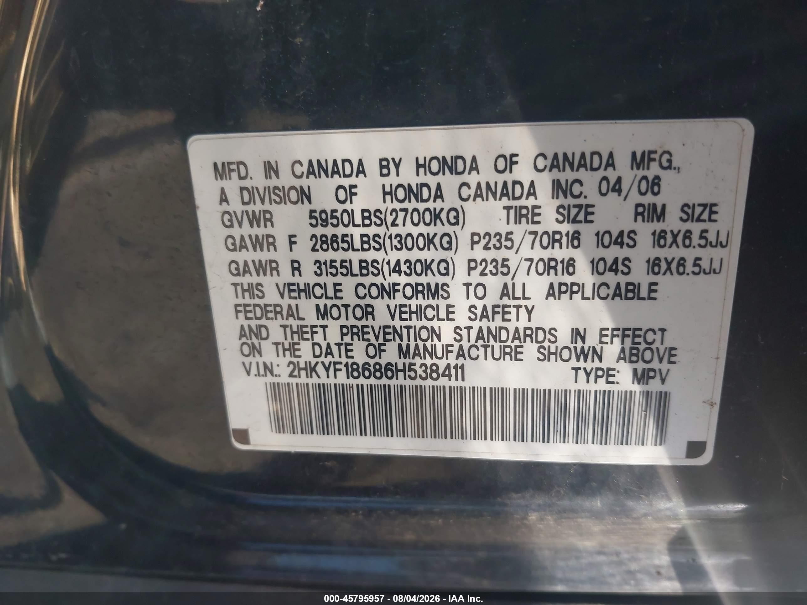2006 Honda Pilot Ex-l Black vin: 2HKYF18686H538411