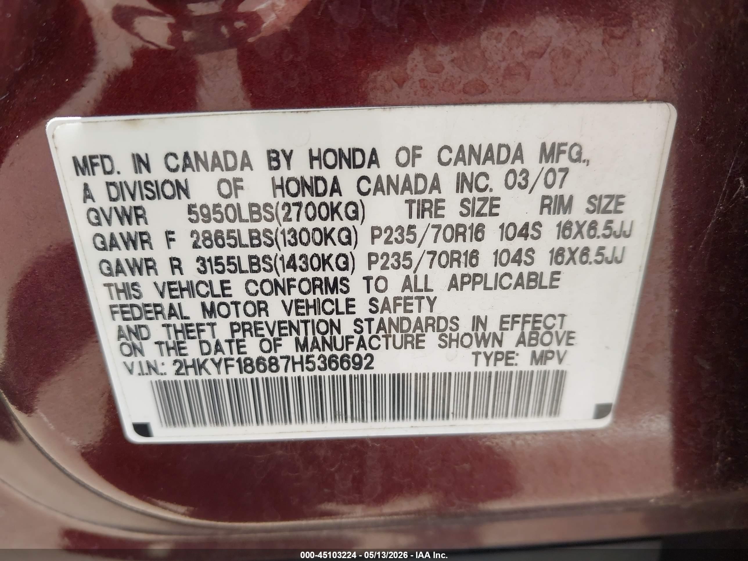 2007 Honda Pilot Ex-l Maroon vin: 2HKYF18687H536692