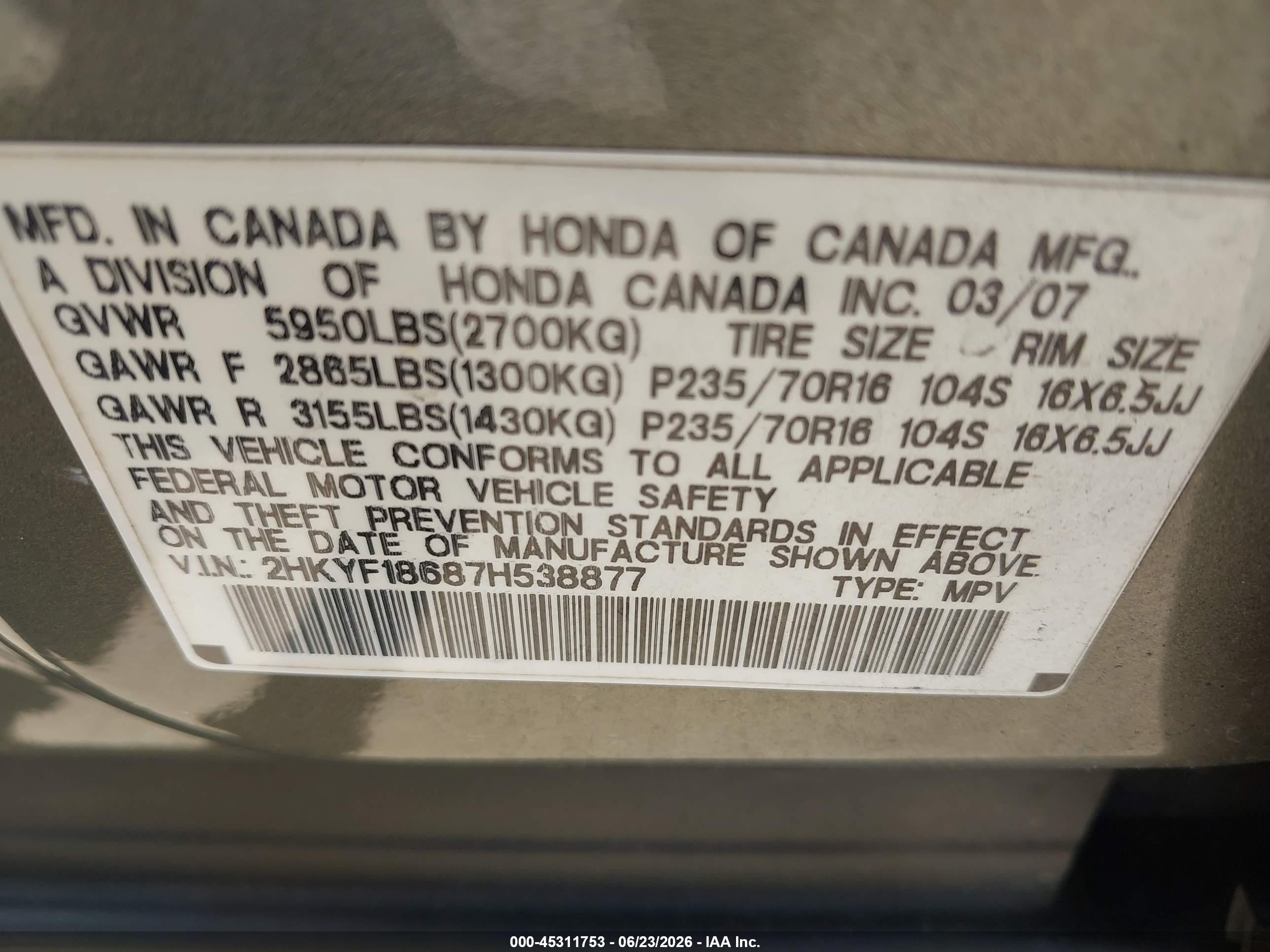 2007 Honda Pilot Ex-l Gray vin: 2HKYF18687H538877