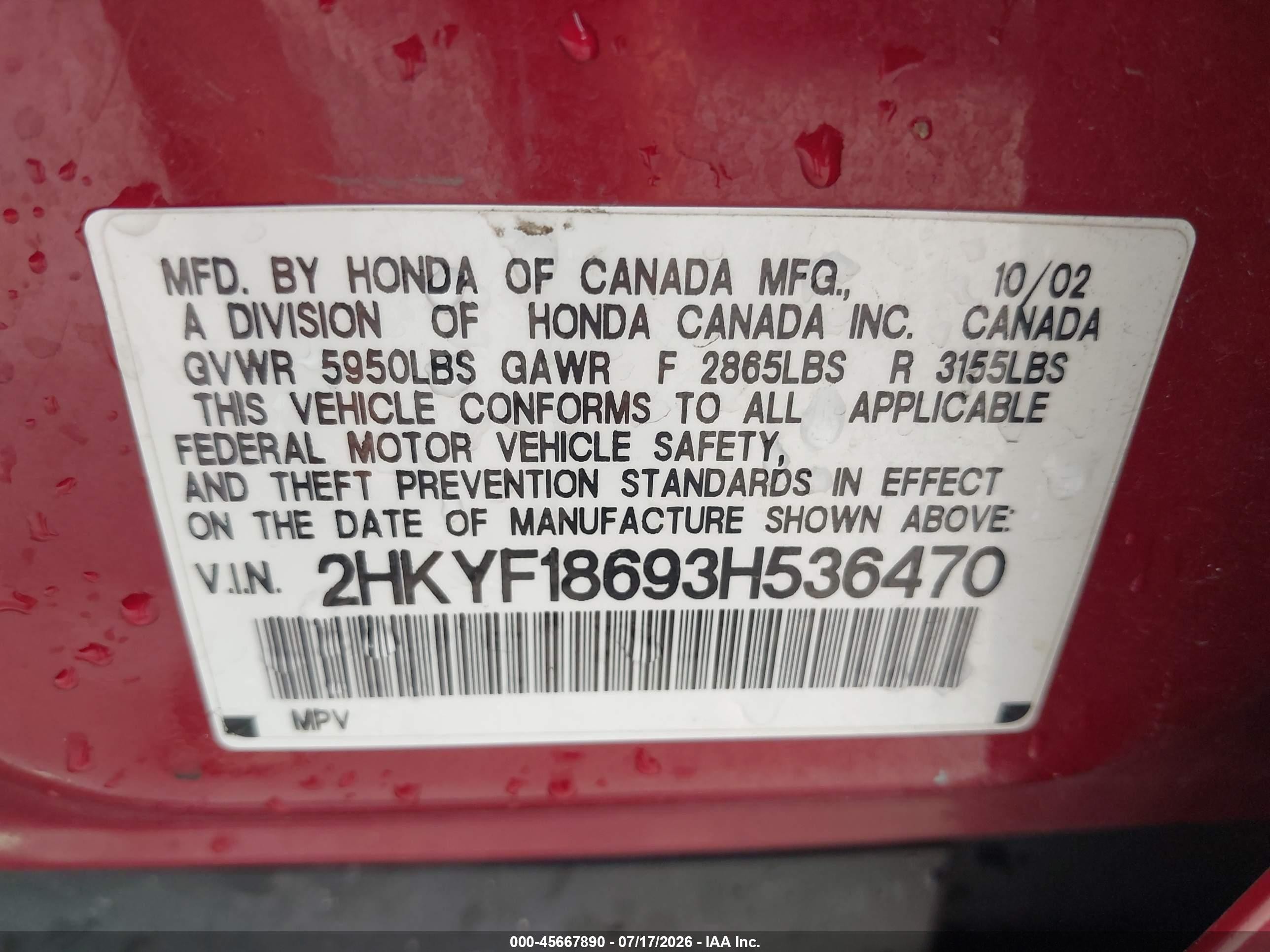 2003 Honda Pilot Ex-l Red vin: 2HKYF18693H536470