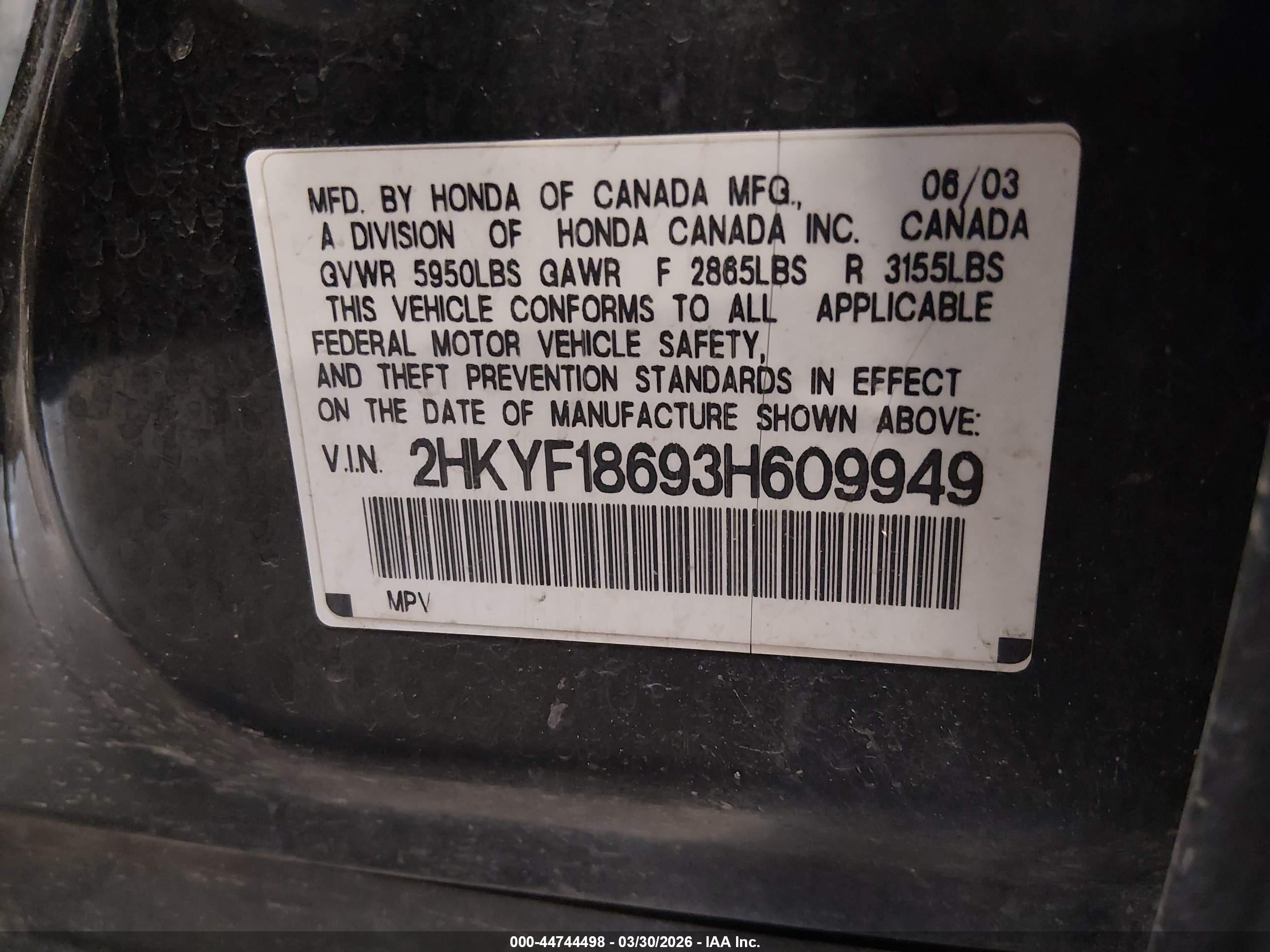 2003 Honda Pilot Ex-l Black vin: 2HKYF18693H609949