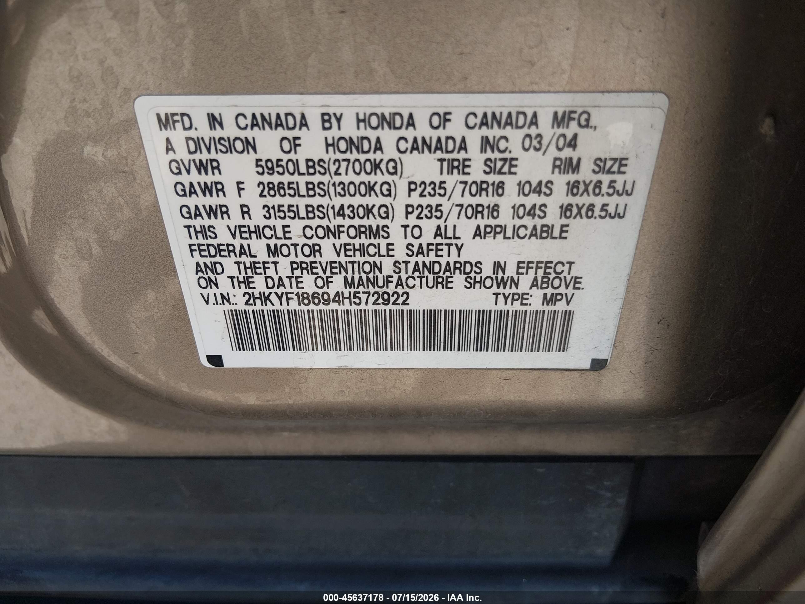 2004 Honda Pilot Ex-l Gold vin: 2HKYF18694H572922