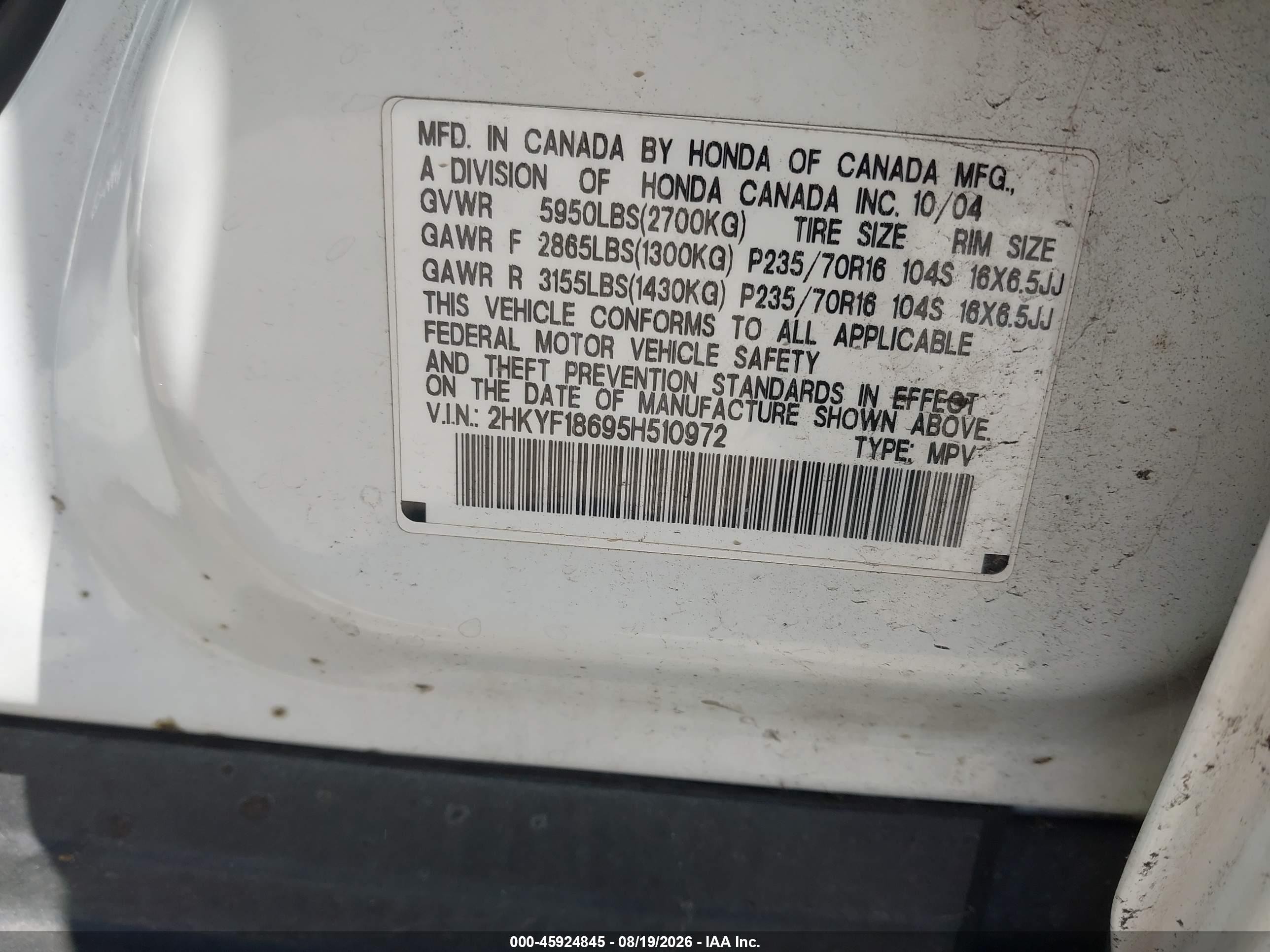 2005 Honda Pilot Ex-l White vin: 2HKYF18695H510972