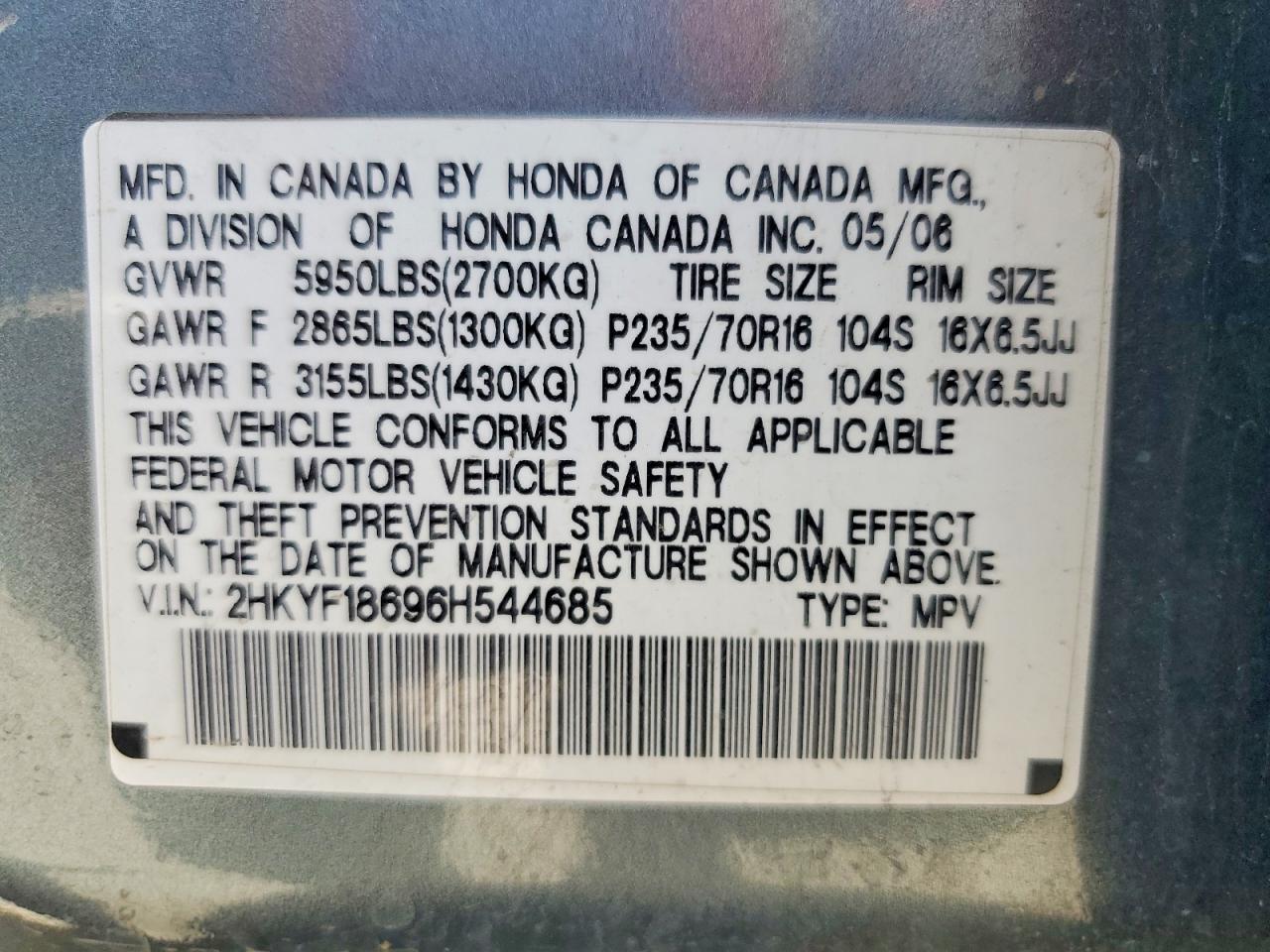 2006 Honda Pilot Ex Blue vin: 2HKYF18696H544685