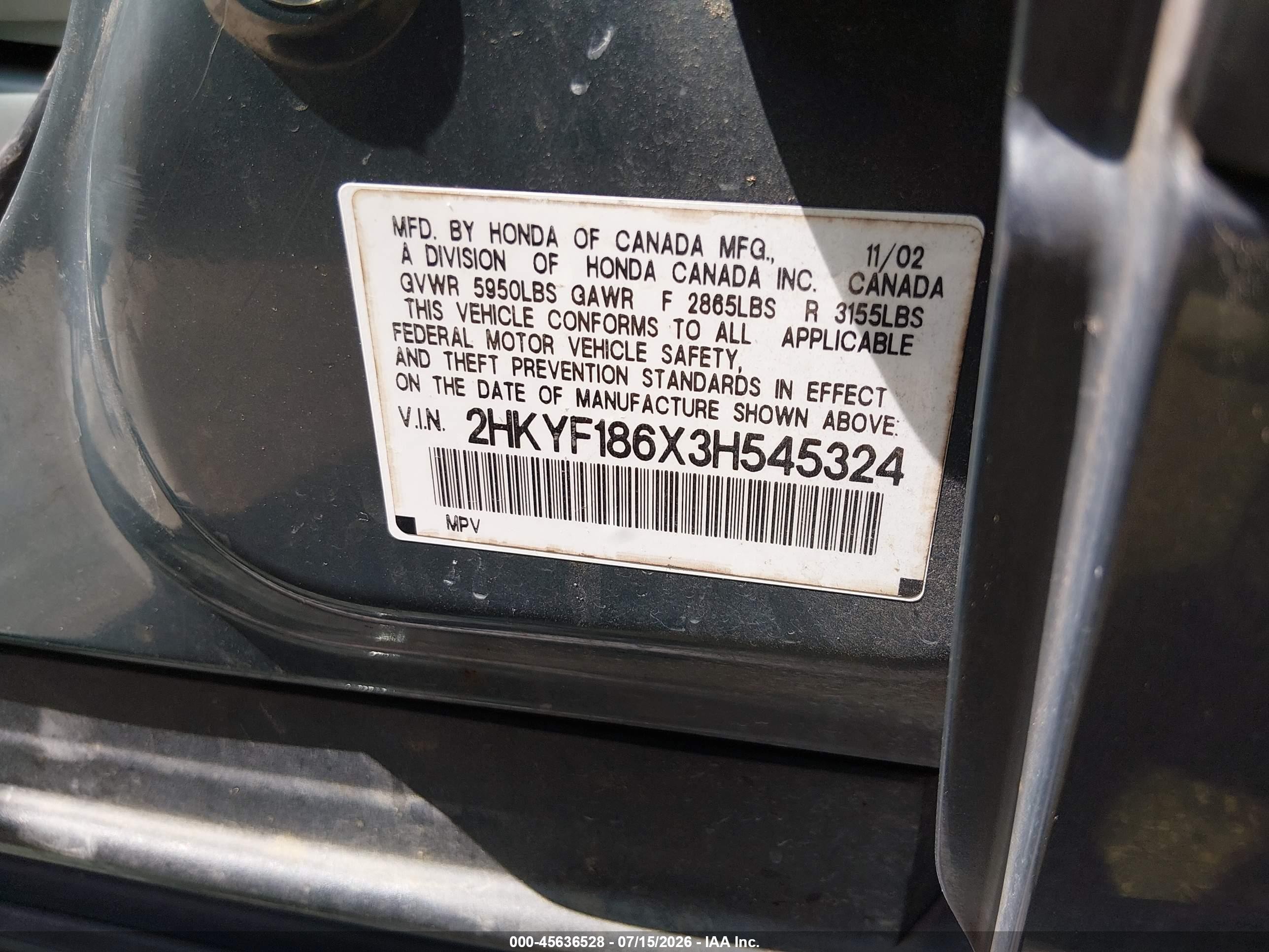 2003 Honda Pilot Ex-l Gray vin: 2HKYF186X3H545324