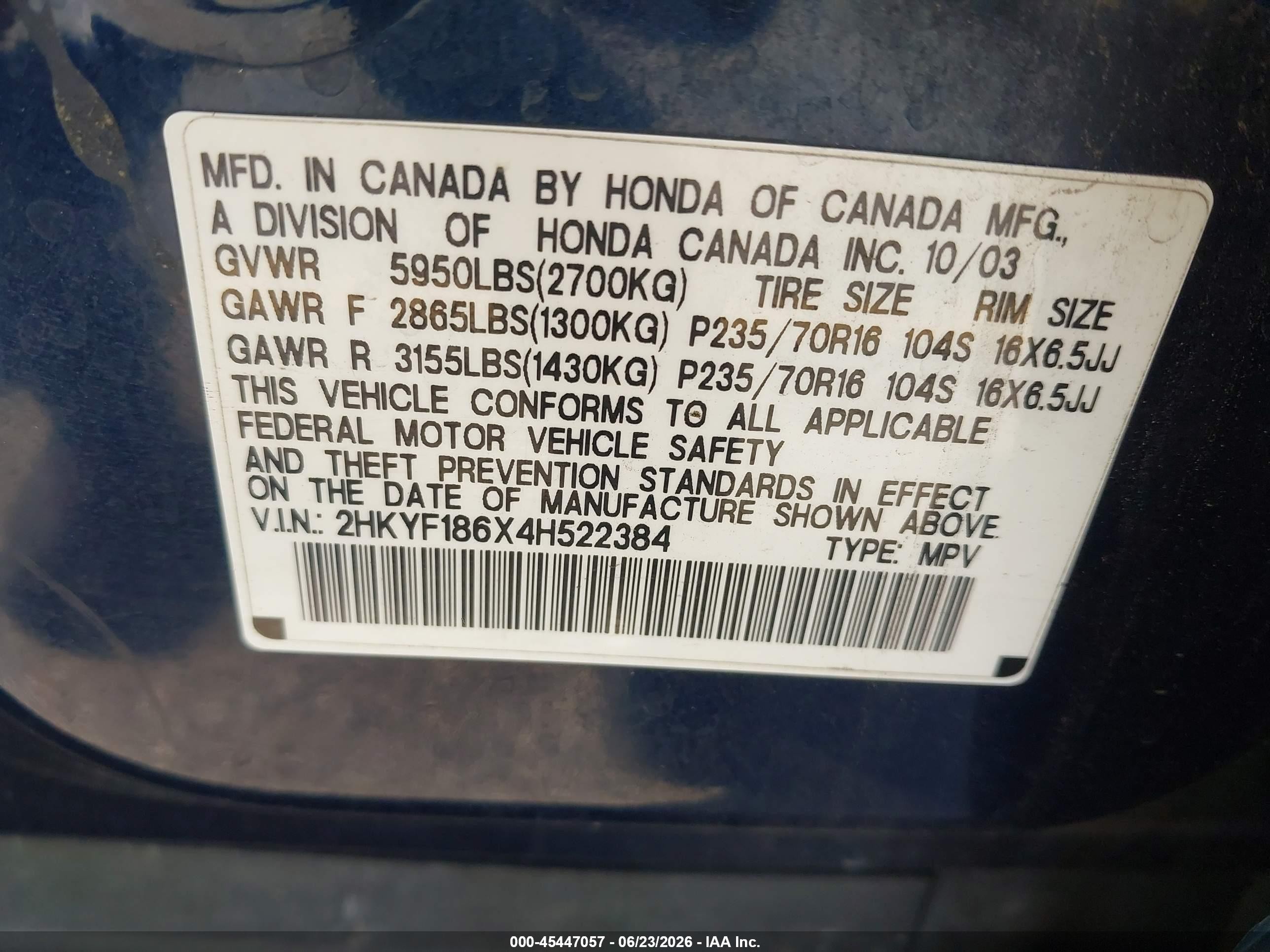 2004 Honda Pilot Ex-l Blue vin: 2HKYF186X4H522384