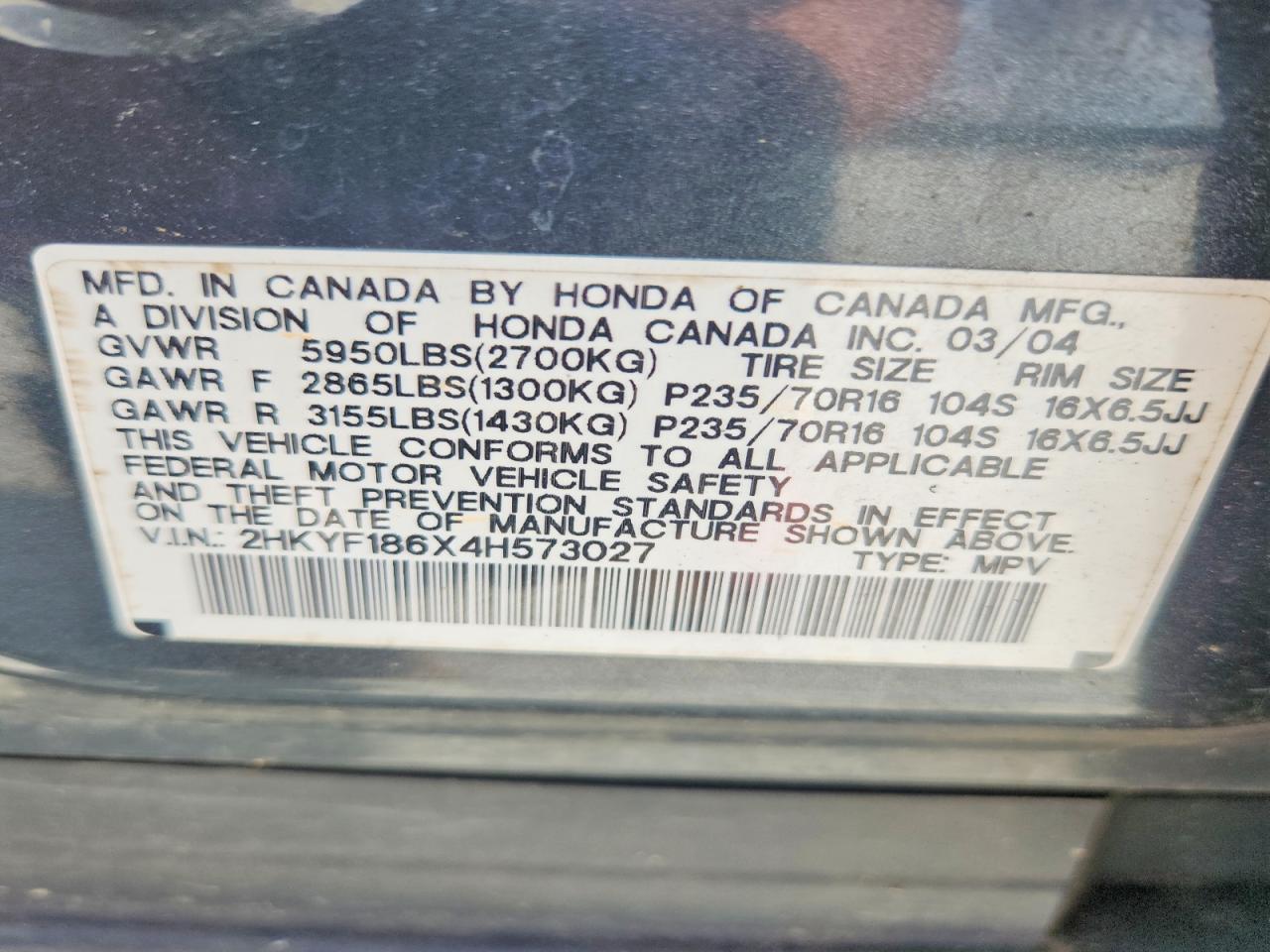 2004 Honda Pilot Exl Blue vin: 2HKYF186X4H573027
