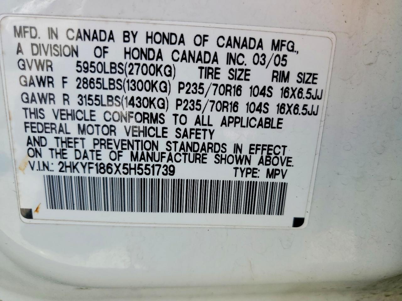 2005 Honda Pilot Exl White vin: 2HKYF186X5H551739