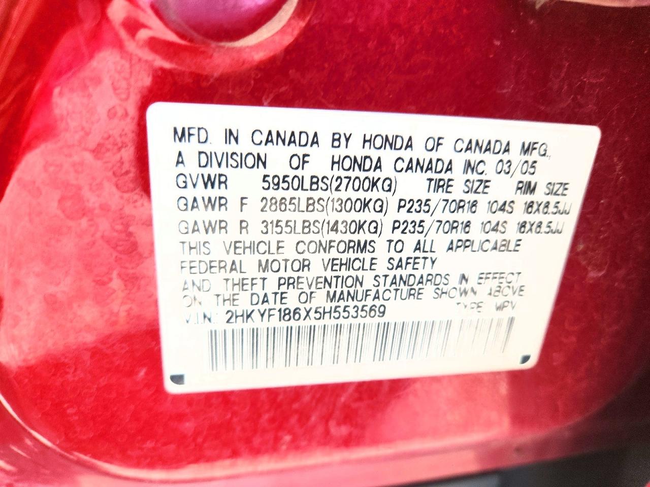 2005 Honda Pilot Exl Maroon vin: 2HKYF186X5H553569