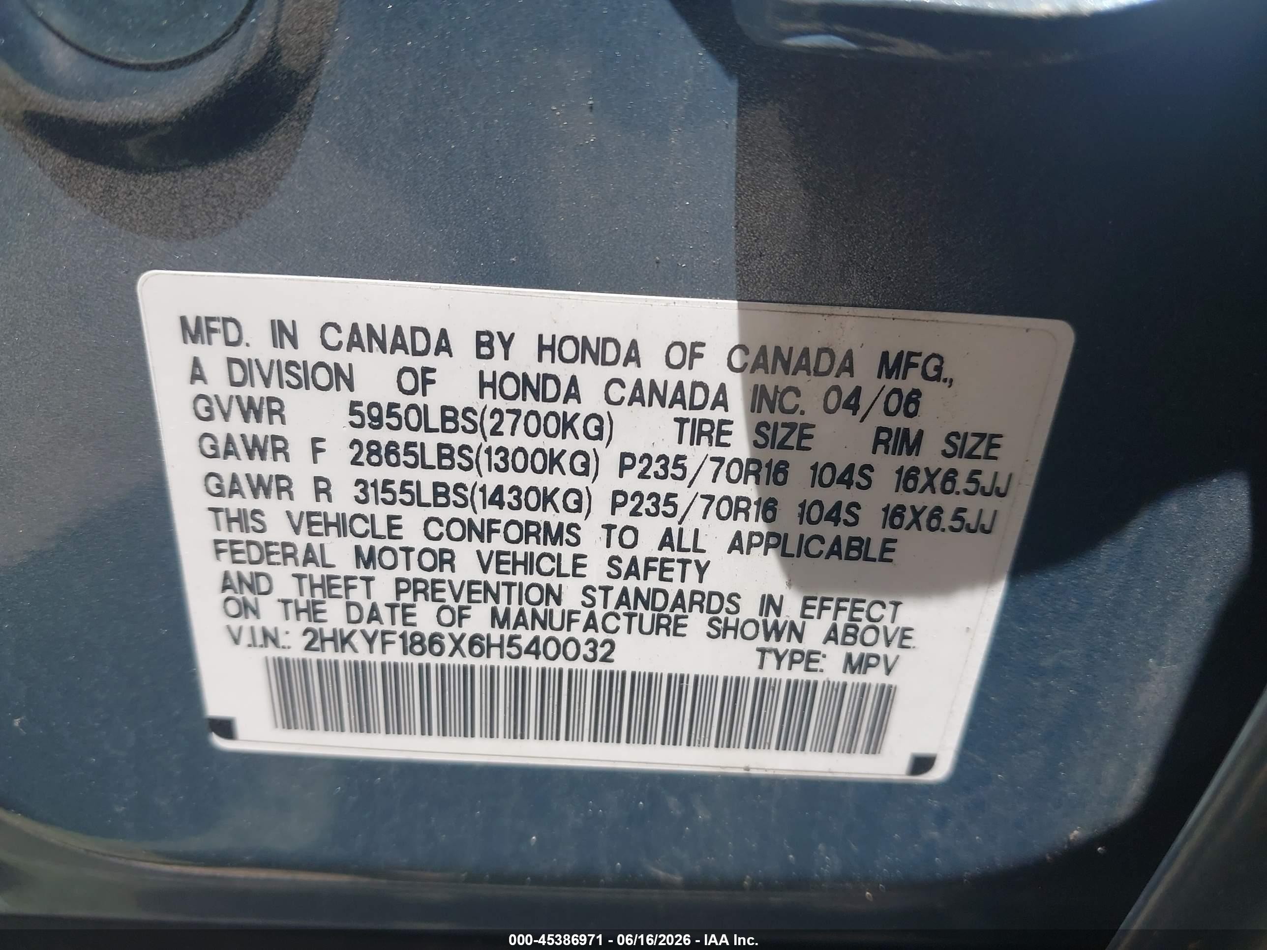 2006 Honda Pilot Ex Blue vin: 2HKYF186X6H540032