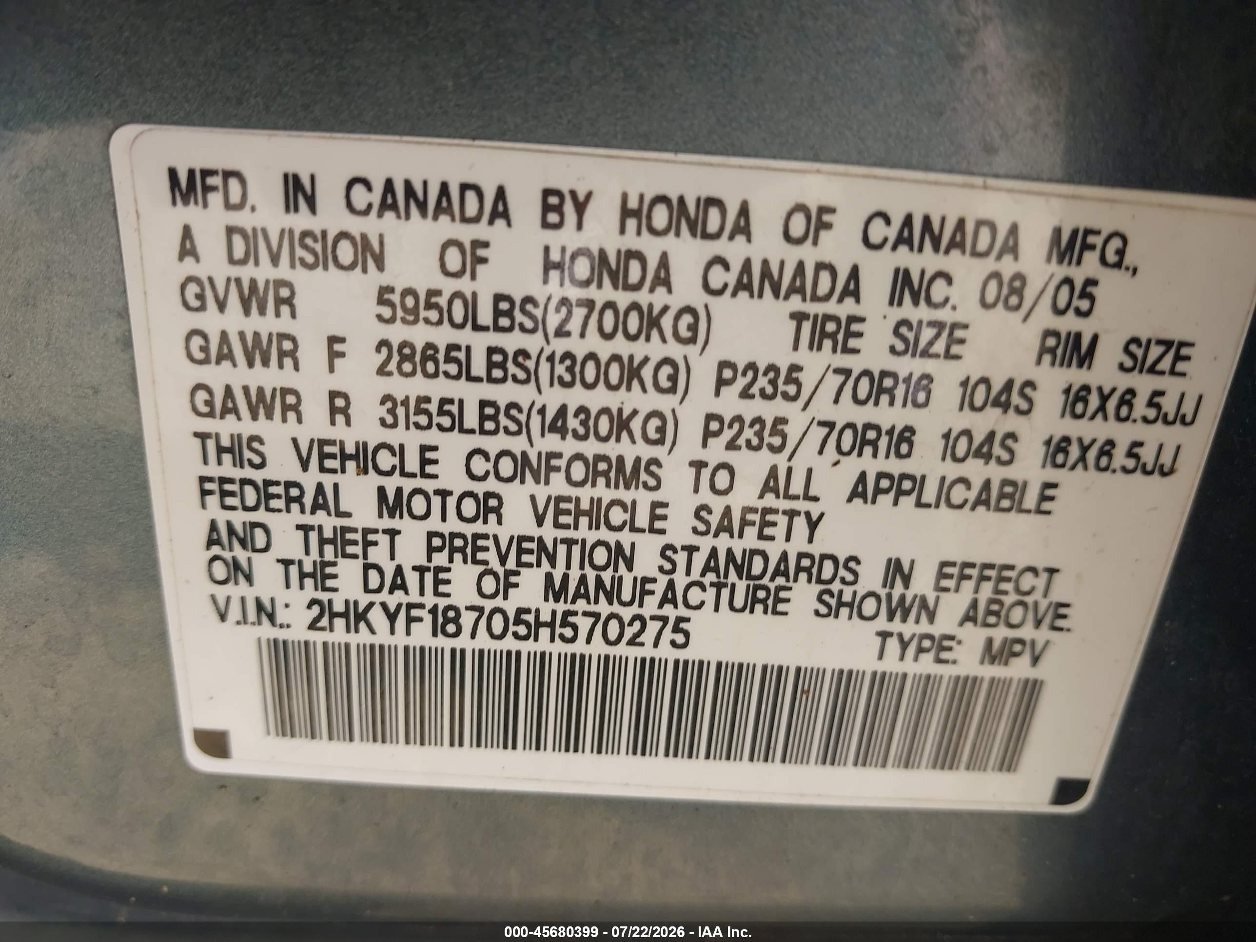 2005 Honda Pilot Ex-l Light Blue vin: 2HKYF18705H570275