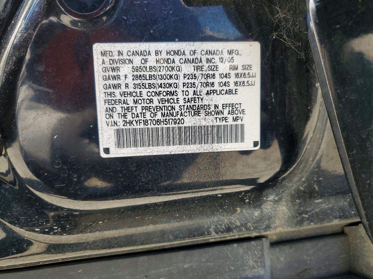 2006 Honda Pilot Ex Black vin: 2HKYF18706H517920
